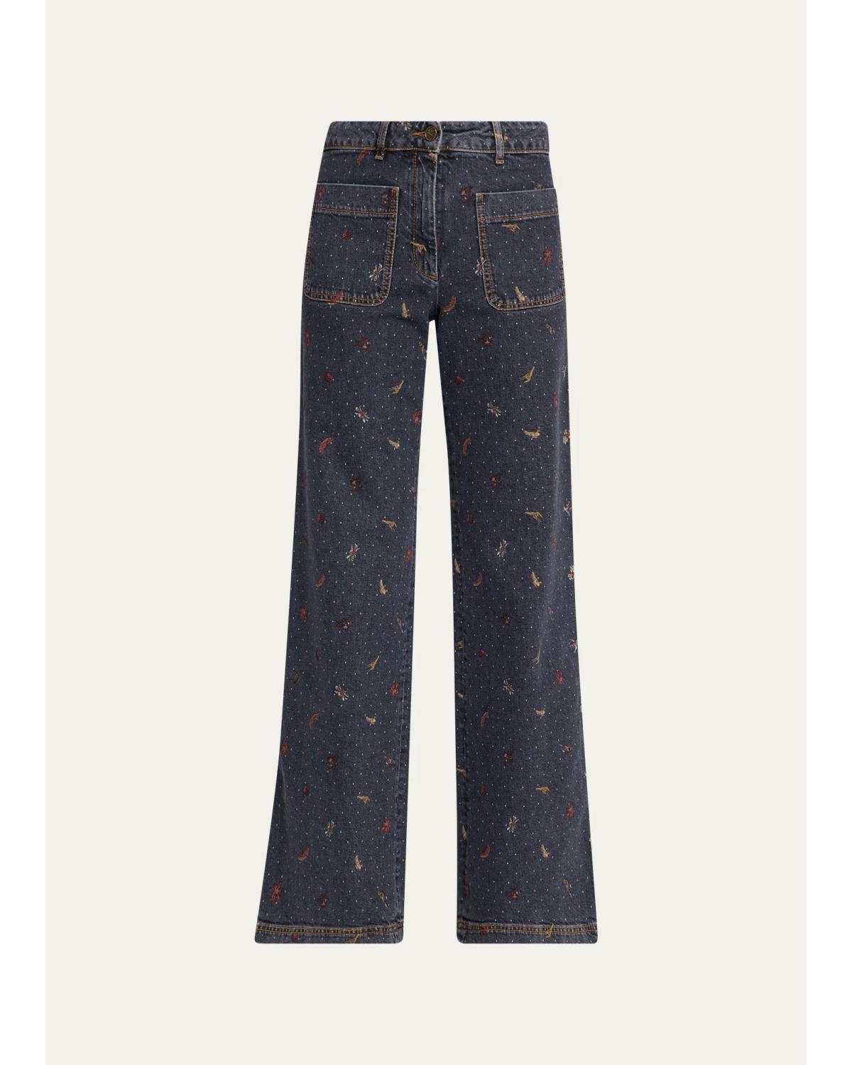 Patch Pocket Polka-Dot Denim Wide- Leg
