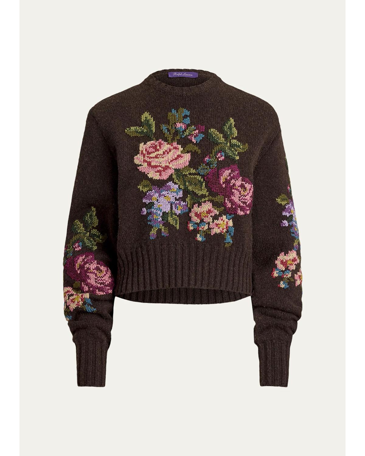 Floral Cashmere Crewneck Sweater