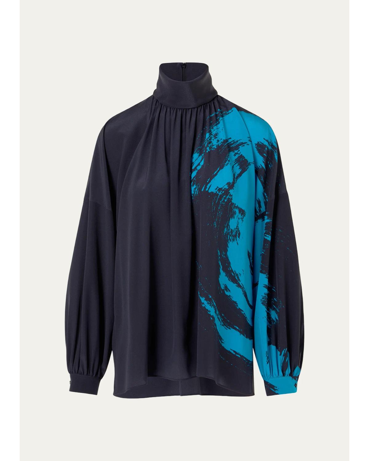 Brushstroke-Print Silk Crepe Long-Sleeve Blouse