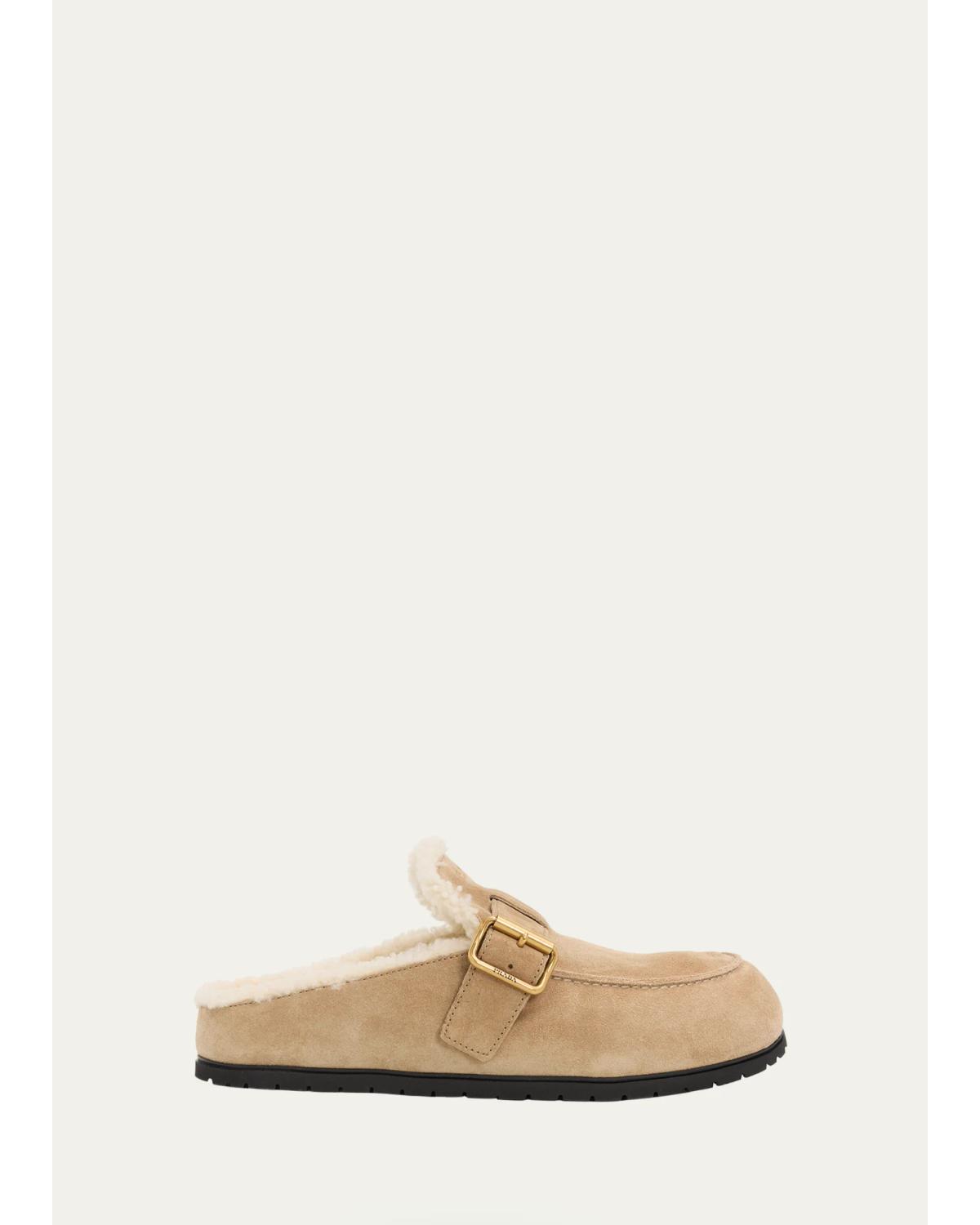 Shearling-Lined Suede Buckle Clogs