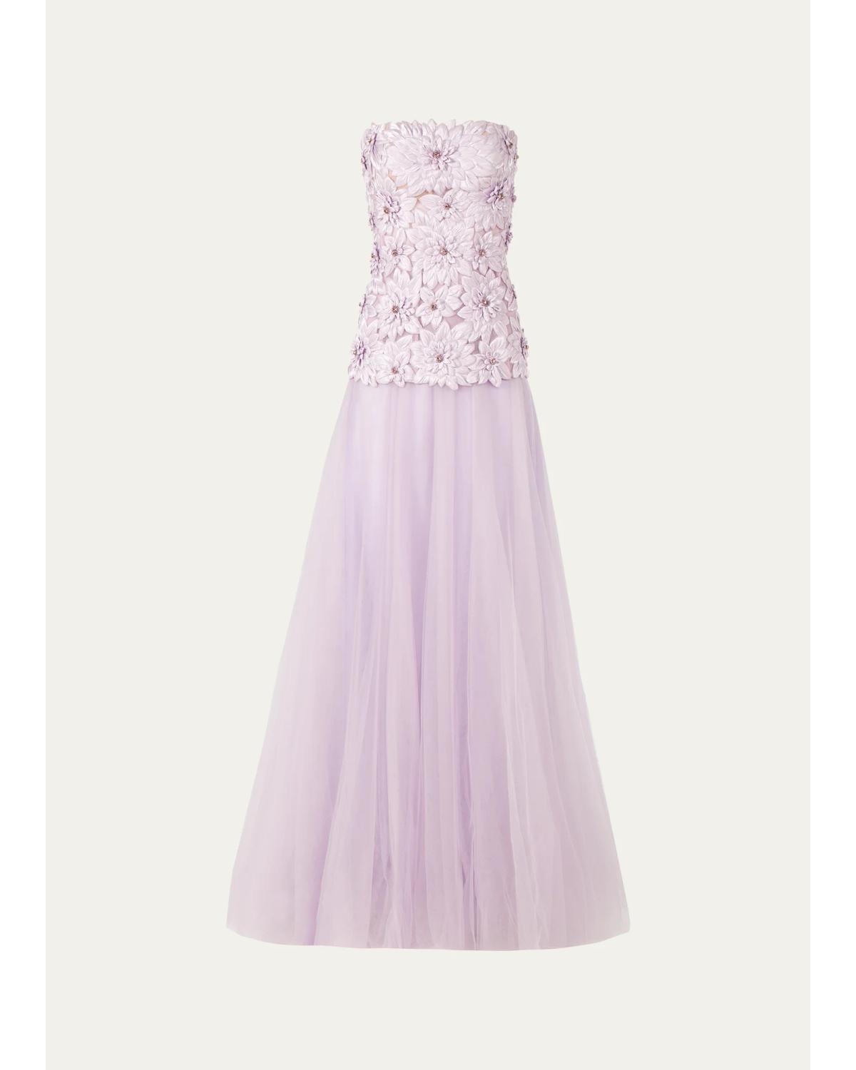 Costarellos Gisella Petal Embellished Strapless Drop-waist Tulle Gown In Mauve