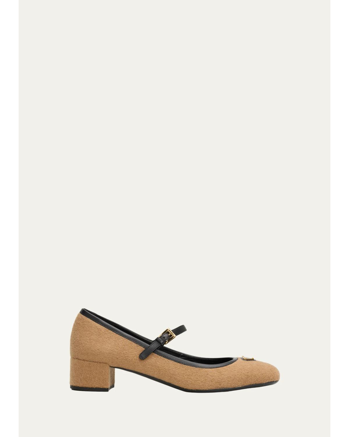 Triangle Logo Wool Mary Jane Ballerina Flats