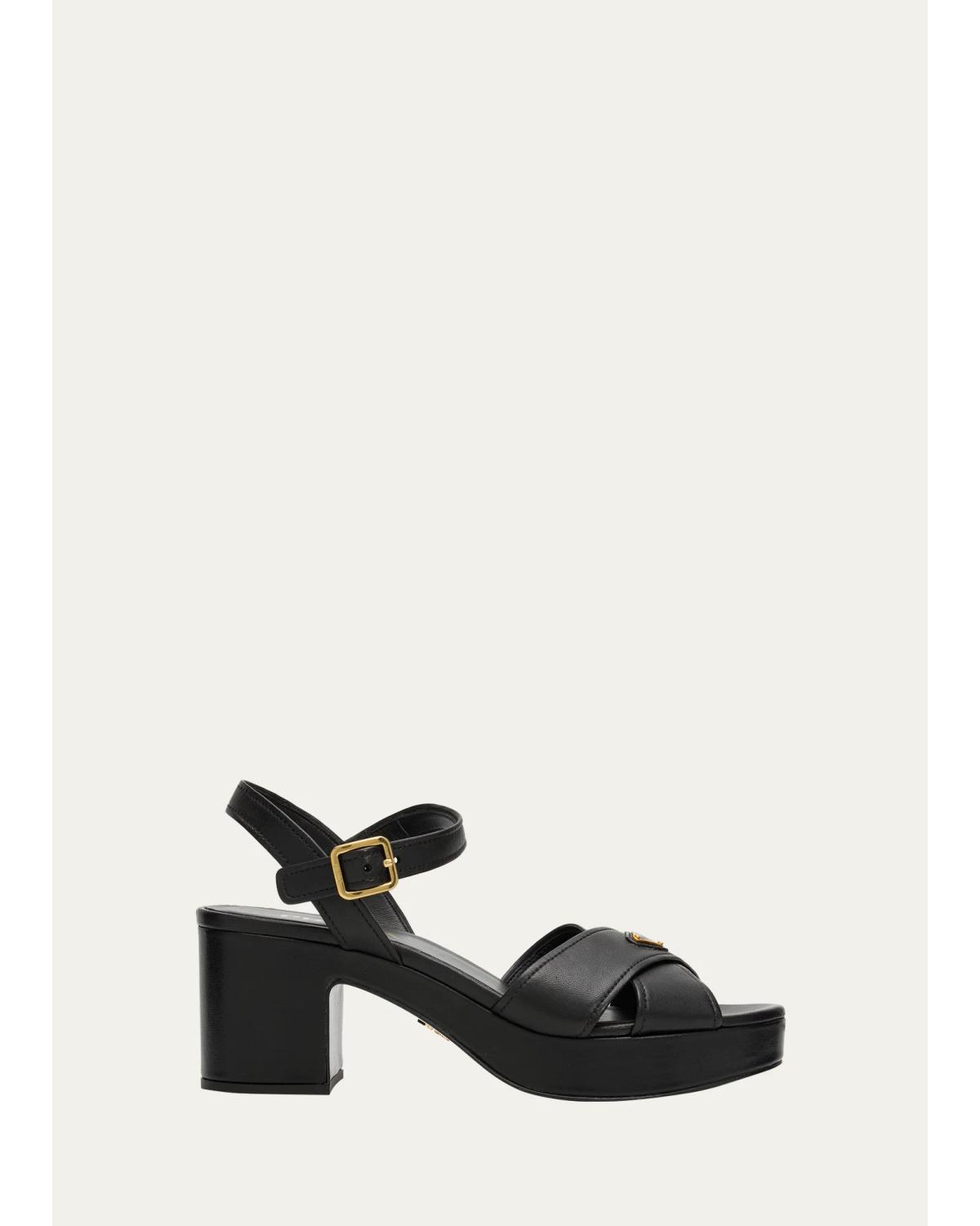 65Mm Triangle Logo Crisscross Leather Platform Sandals