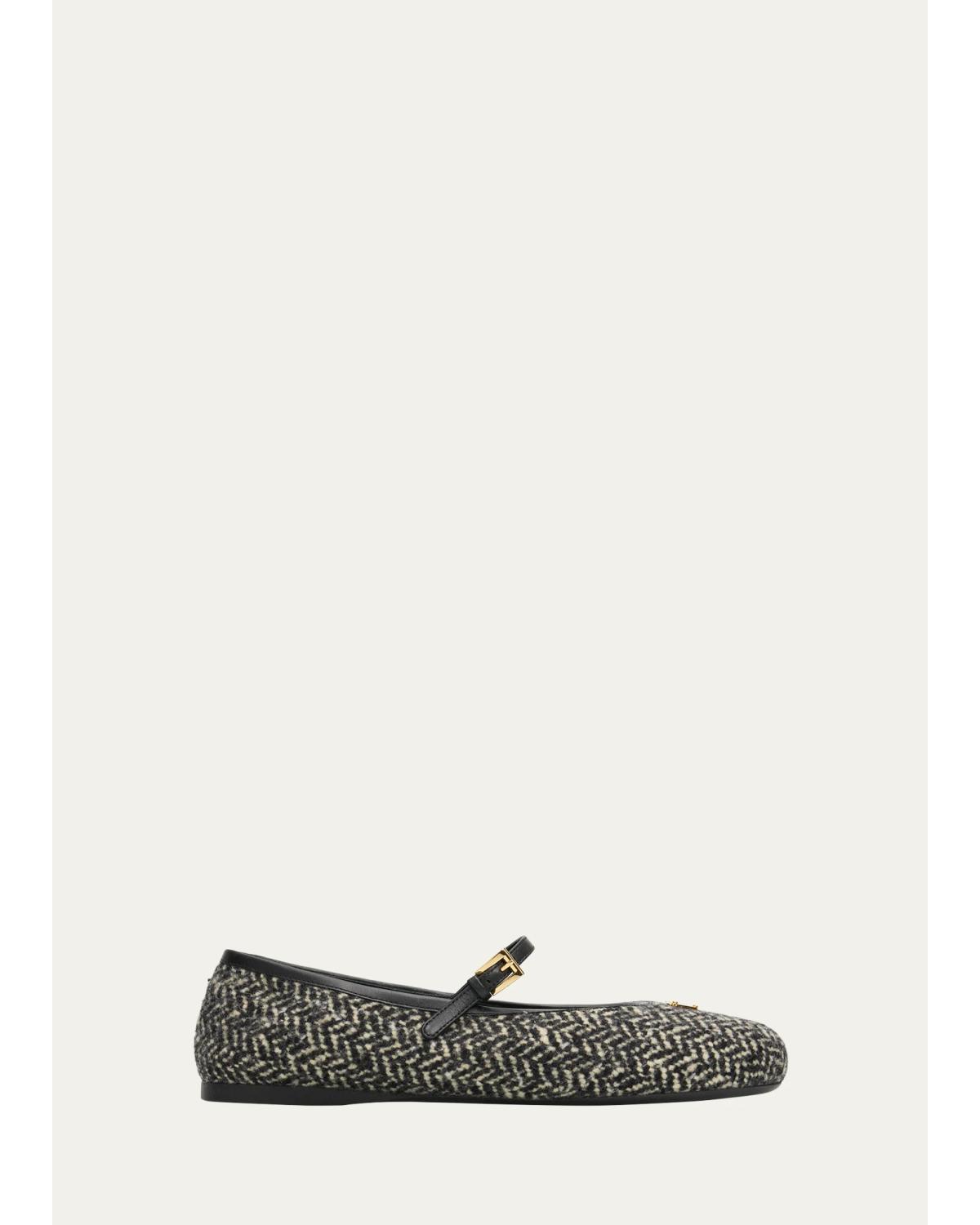 Triangle Logo Tweed Chevron Mary Jane Ballerina Flats