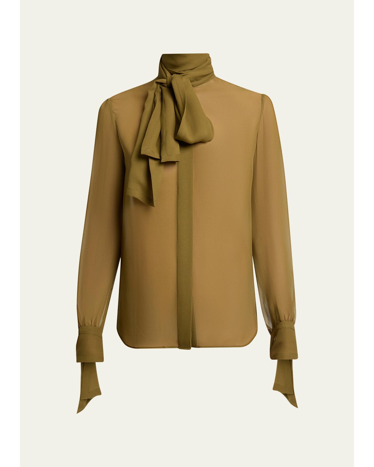 Lavalliere Silk Long-Sleeve Blouse