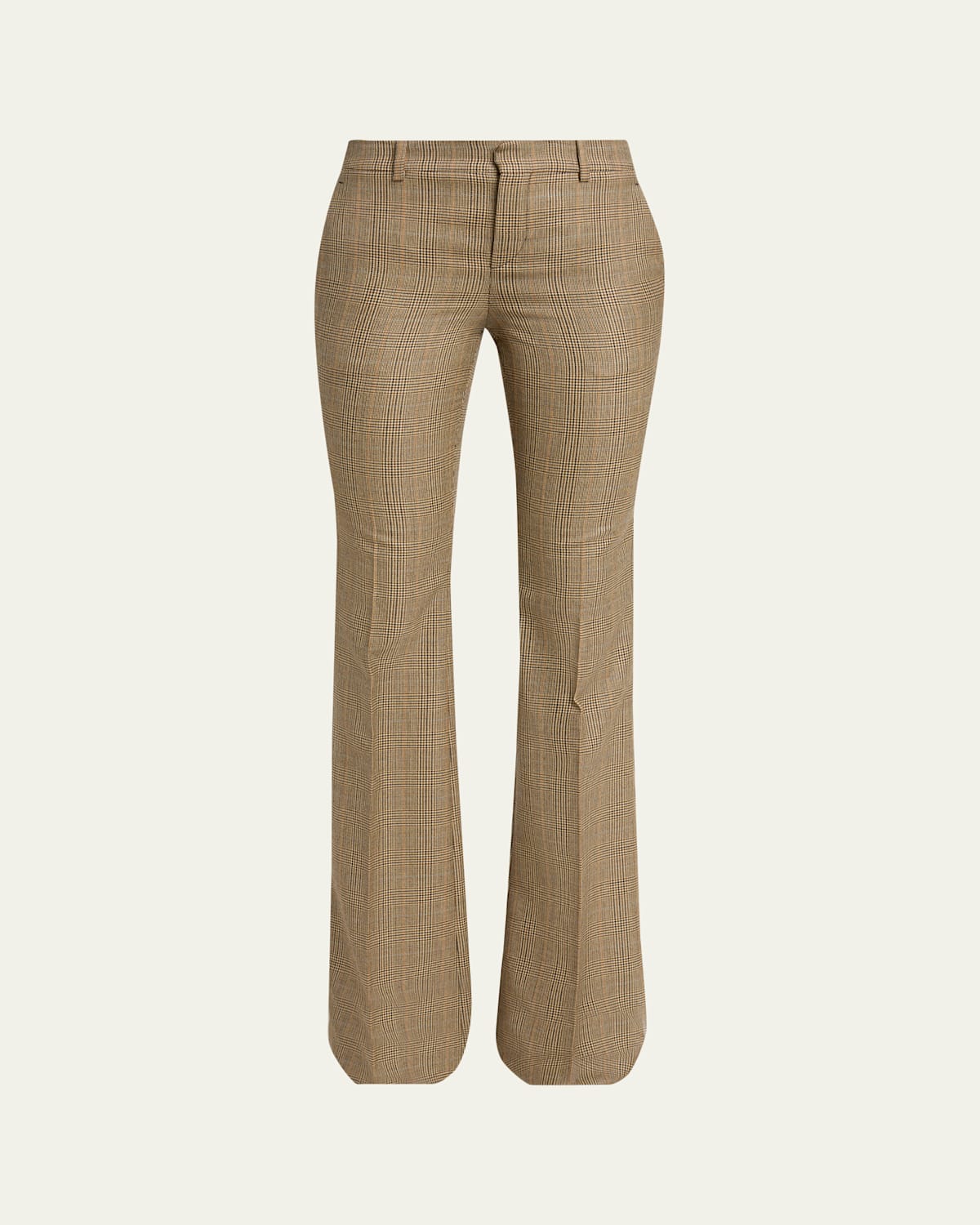Saint Laurent Puppytooth Prince Of Wales Wool Flared Pants In Mahogany Brown