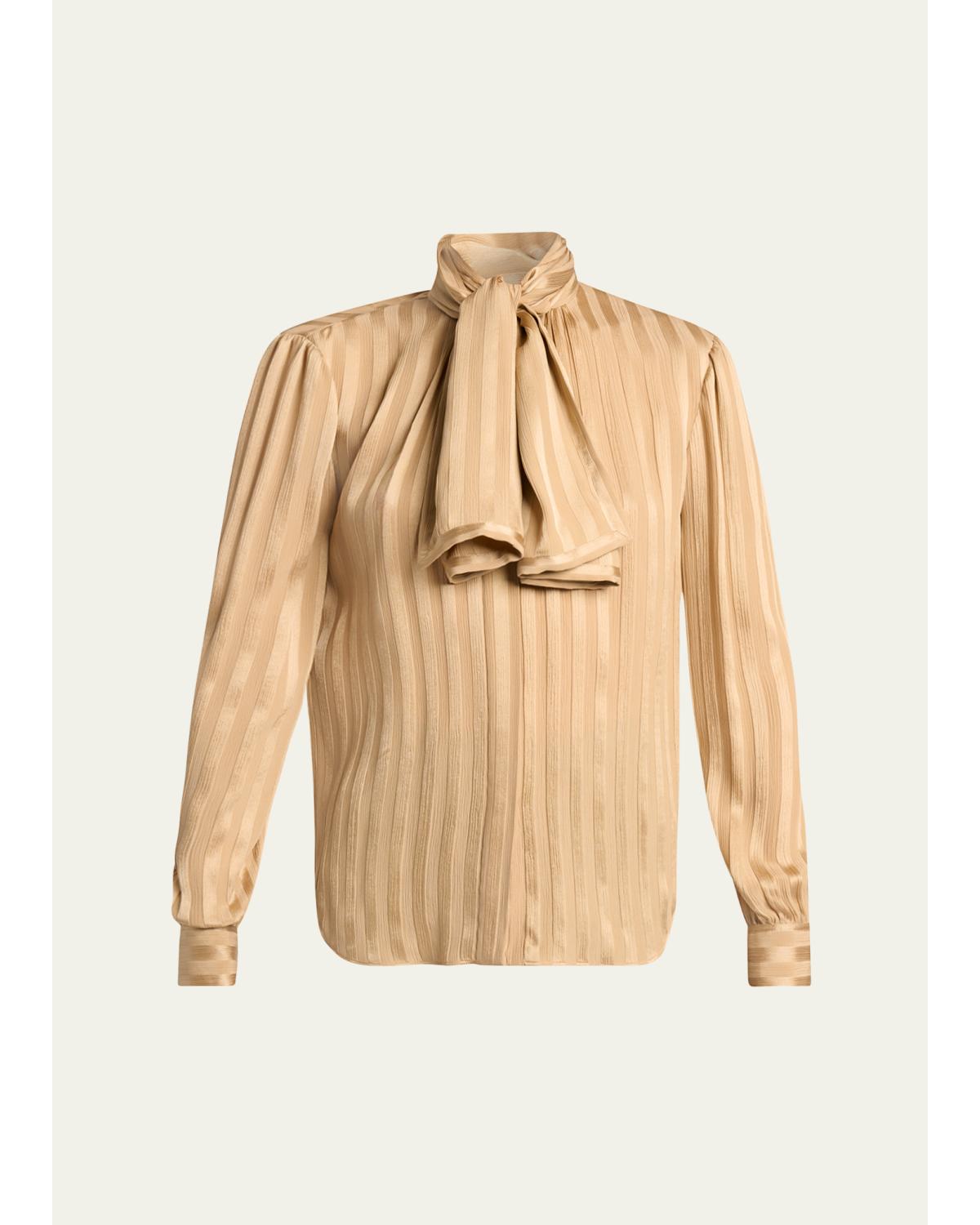 Lavalliere Striped Silk Long-Sleeve Blouse