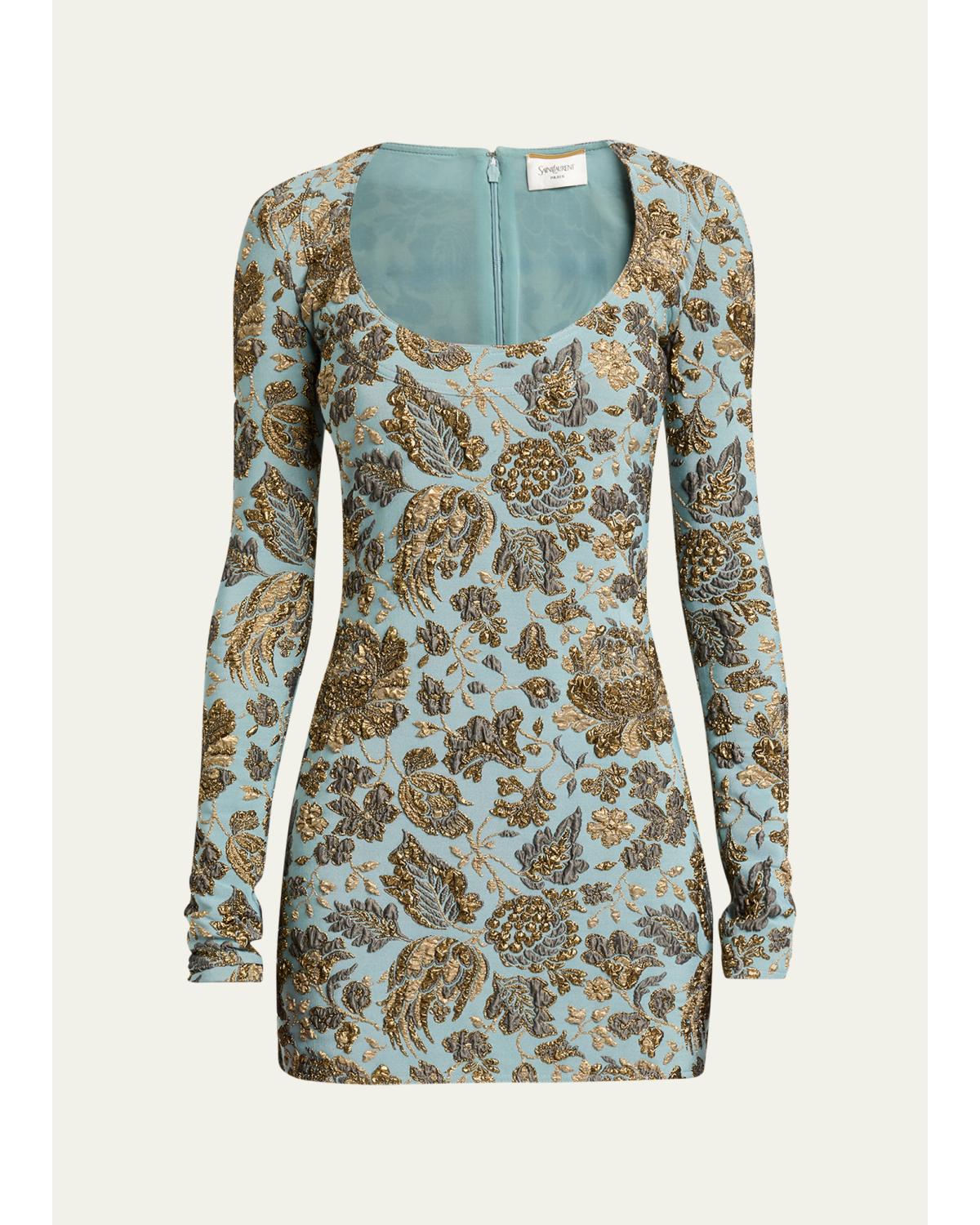 Stretch Brocade Decollete Mini Dress