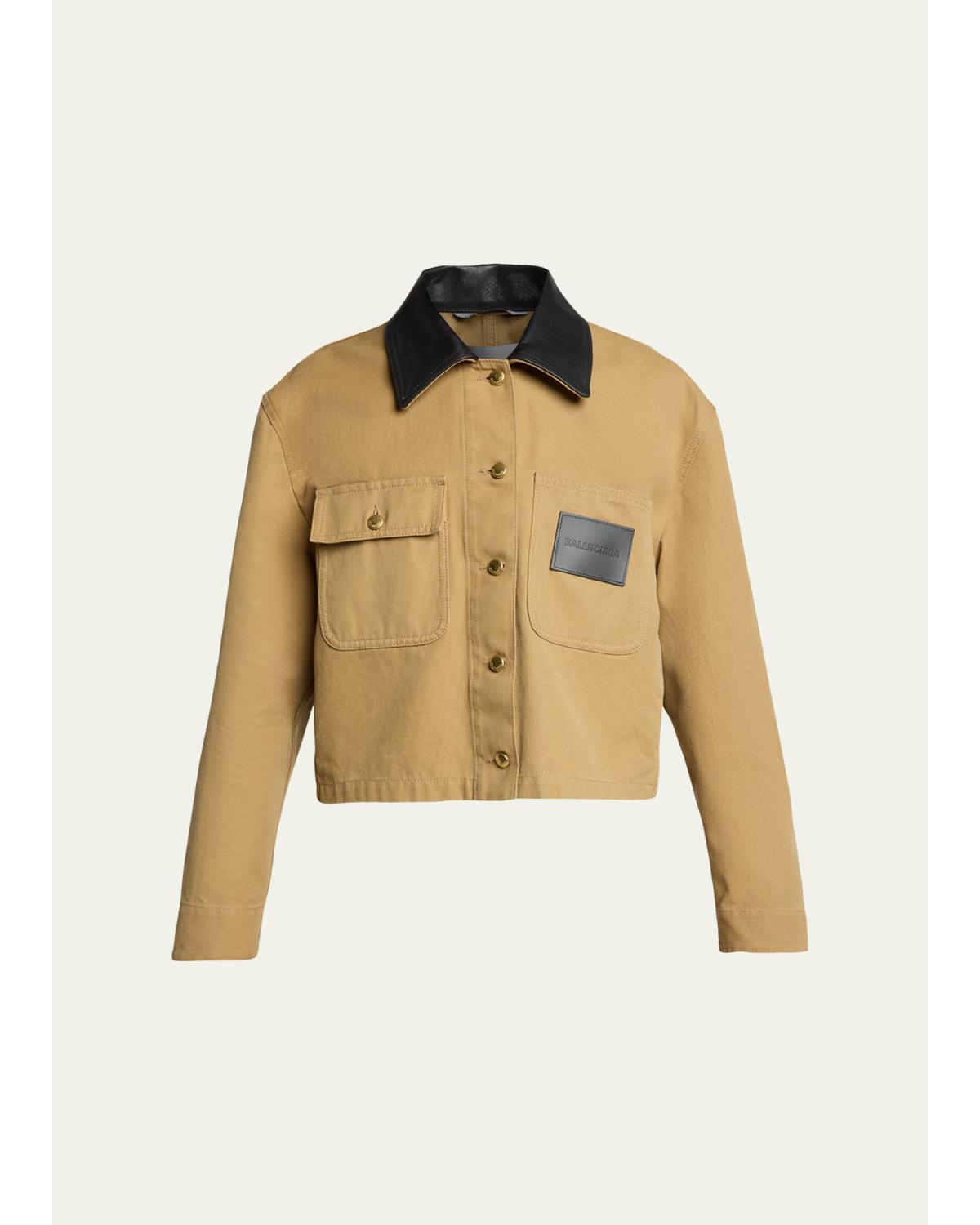 Leather-Collar Cropped Canvas Workwear Jacket
