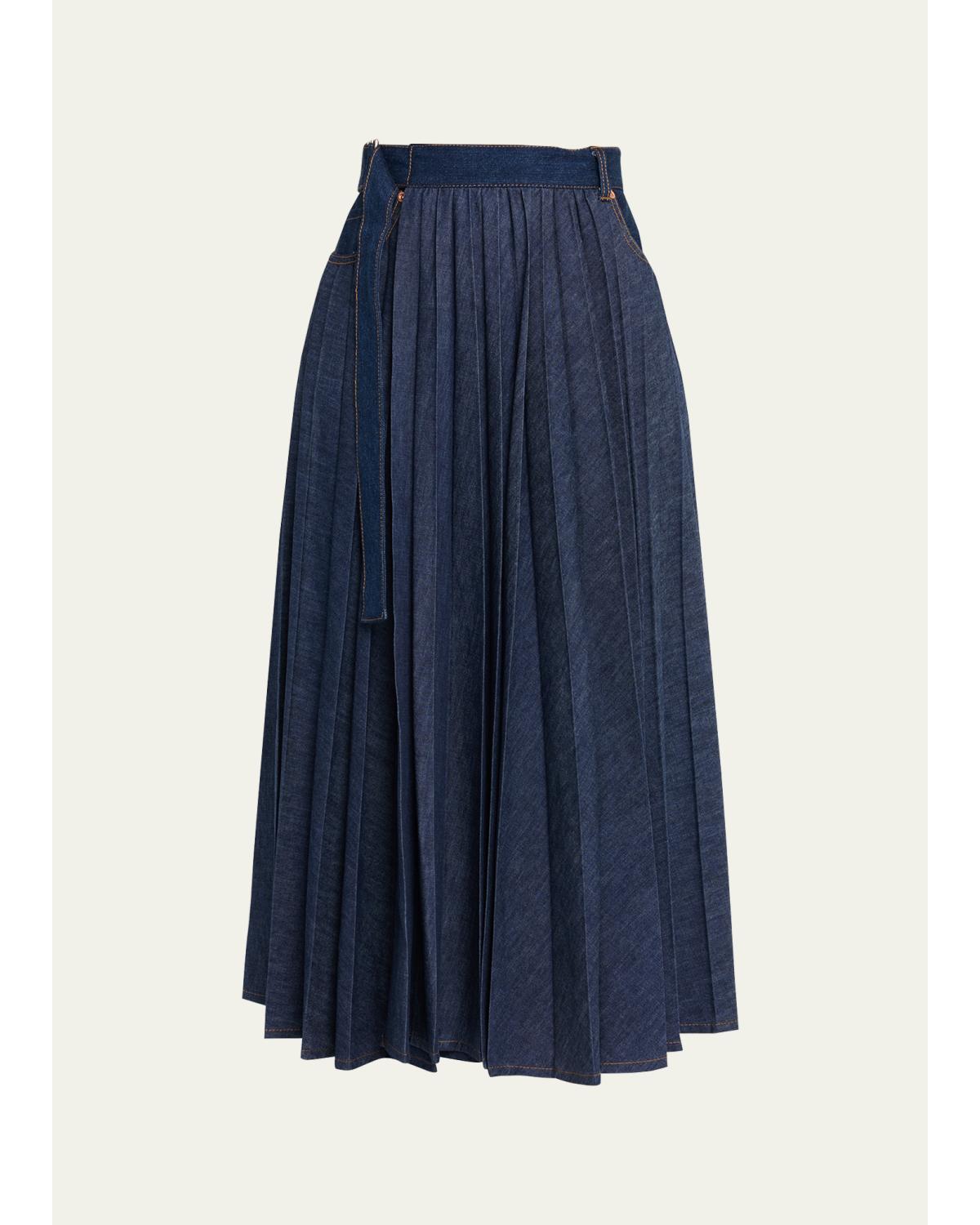 Belted Pleated Denim Midi