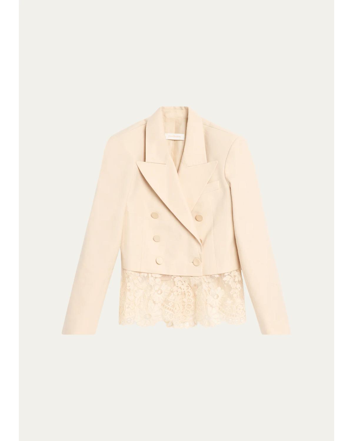 Lace-Trim Wool-Blend Double-Breasted Jacket