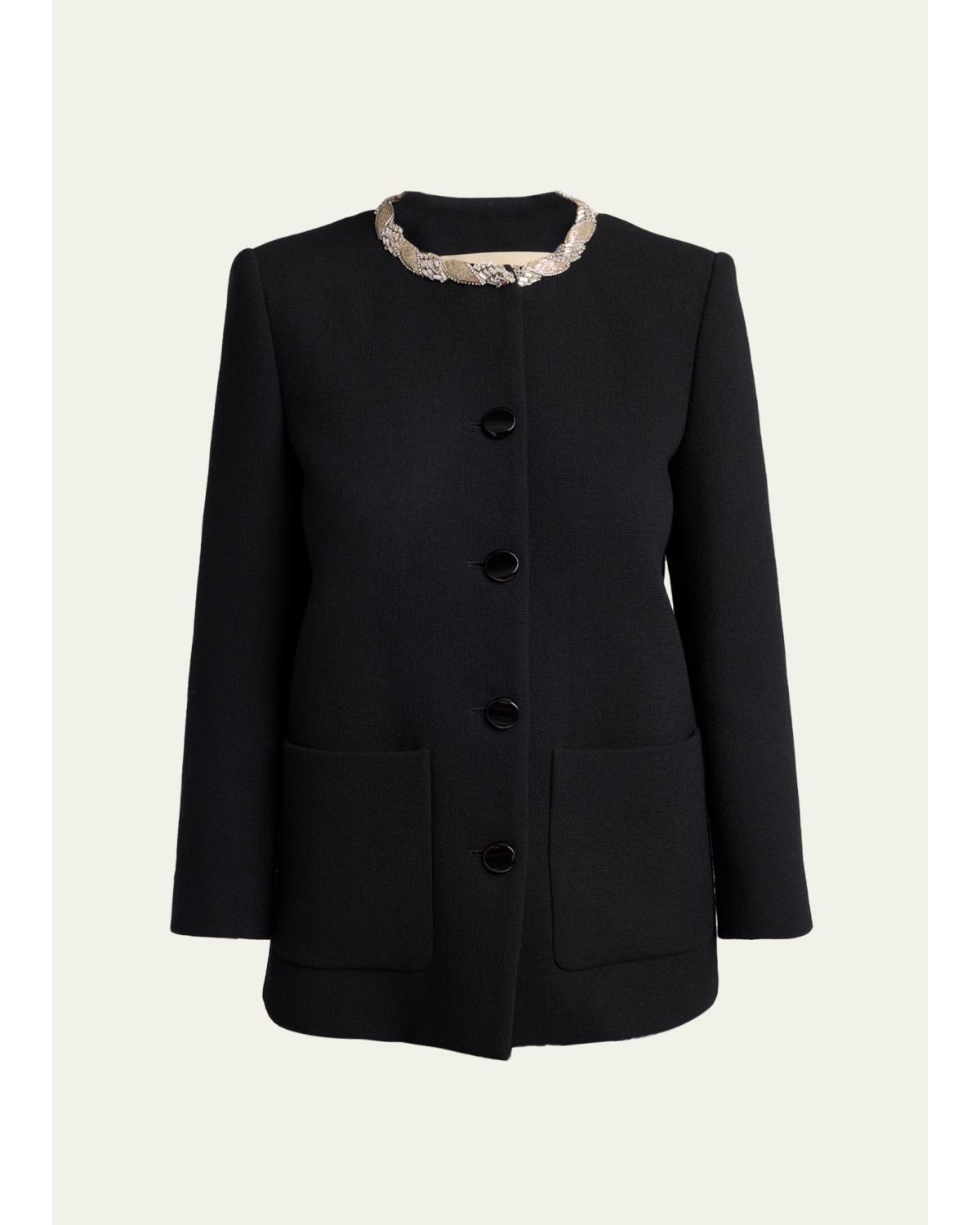 Crystal Embroidered Collarless Single-Breasted Coat