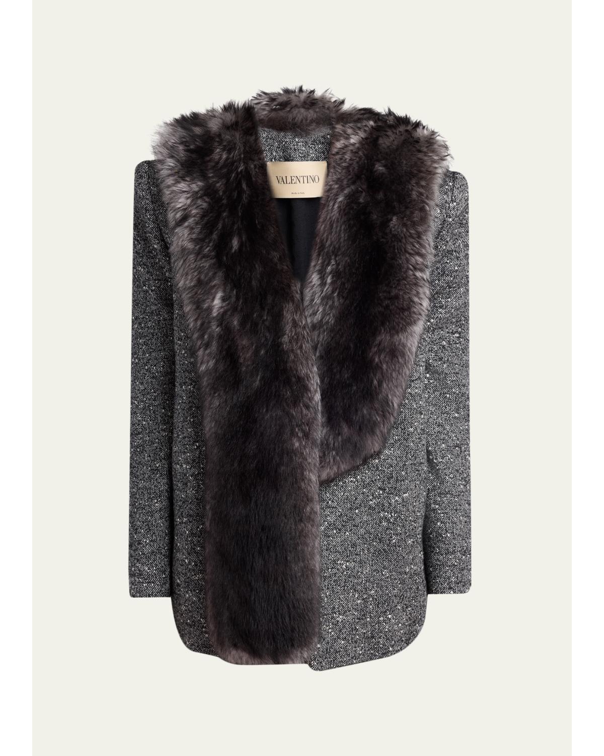 Lamb Shearling Wool Herringbone Coat