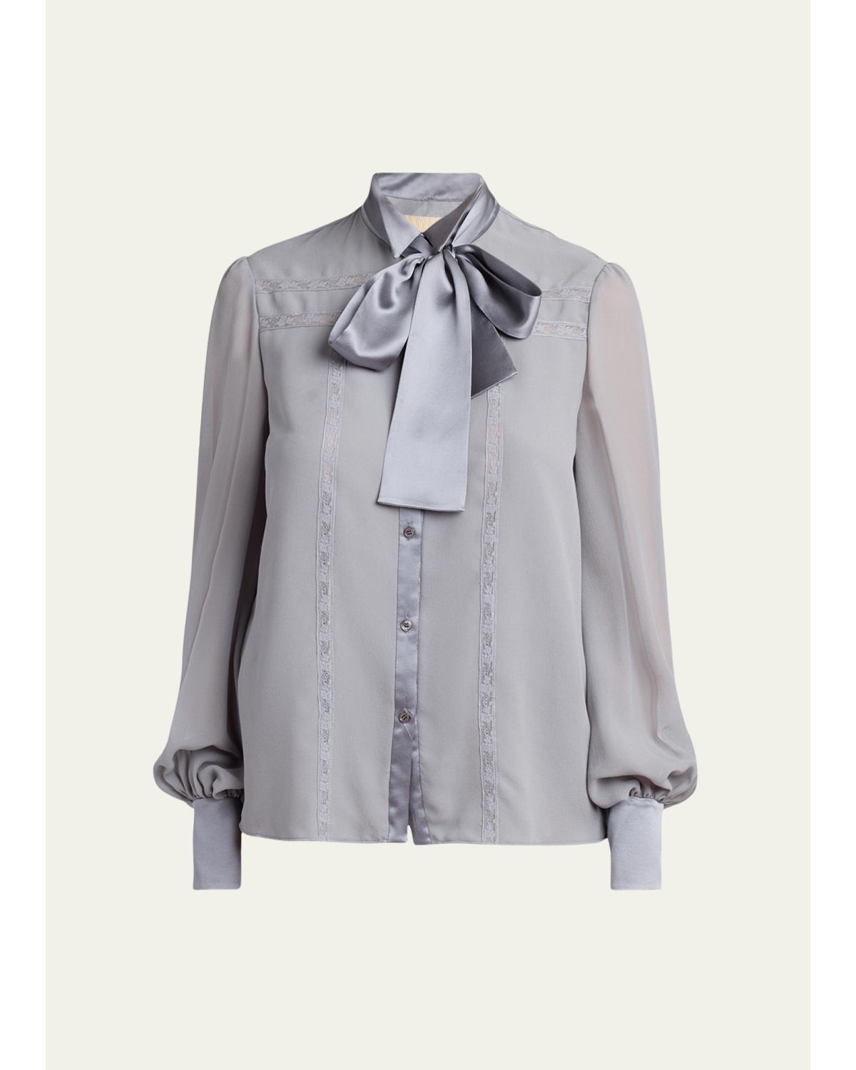 Pussy-Bow Collar Silk-Blend Lace Shirt