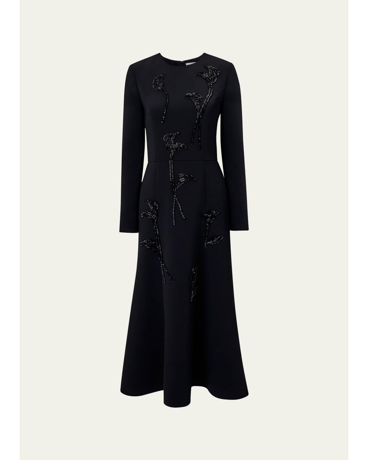 Floral Embellished Long-Sleeve Midi Trumpet Dress