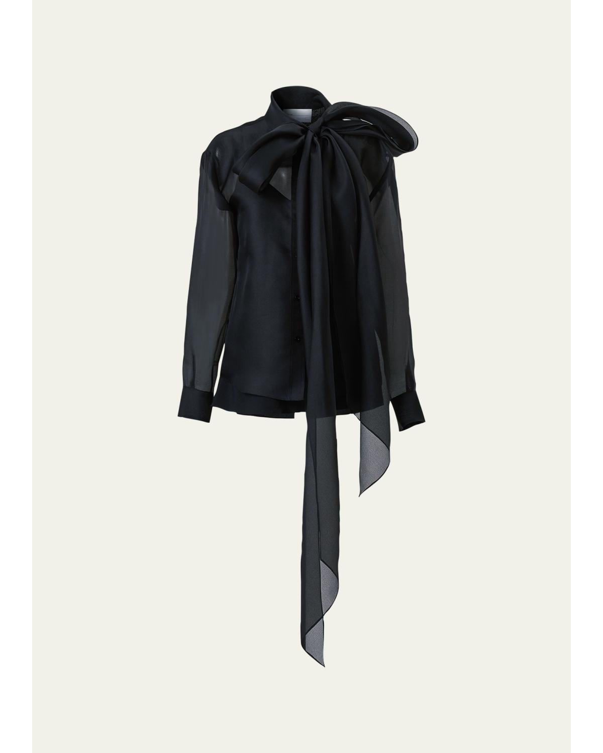 Bow Button-Front Silk Shirt