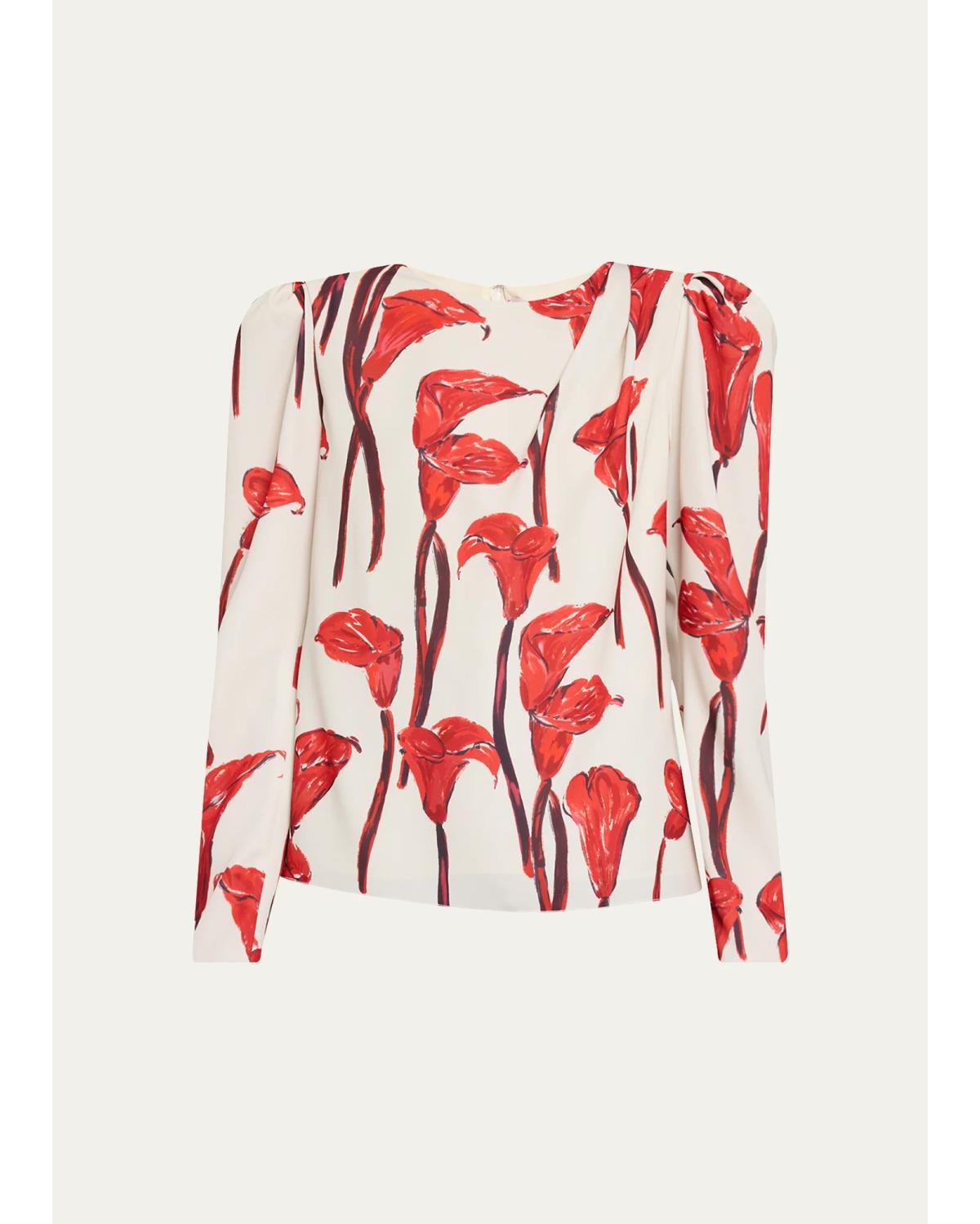 Cala Lily Crepe Draped-Sleeve Blouse