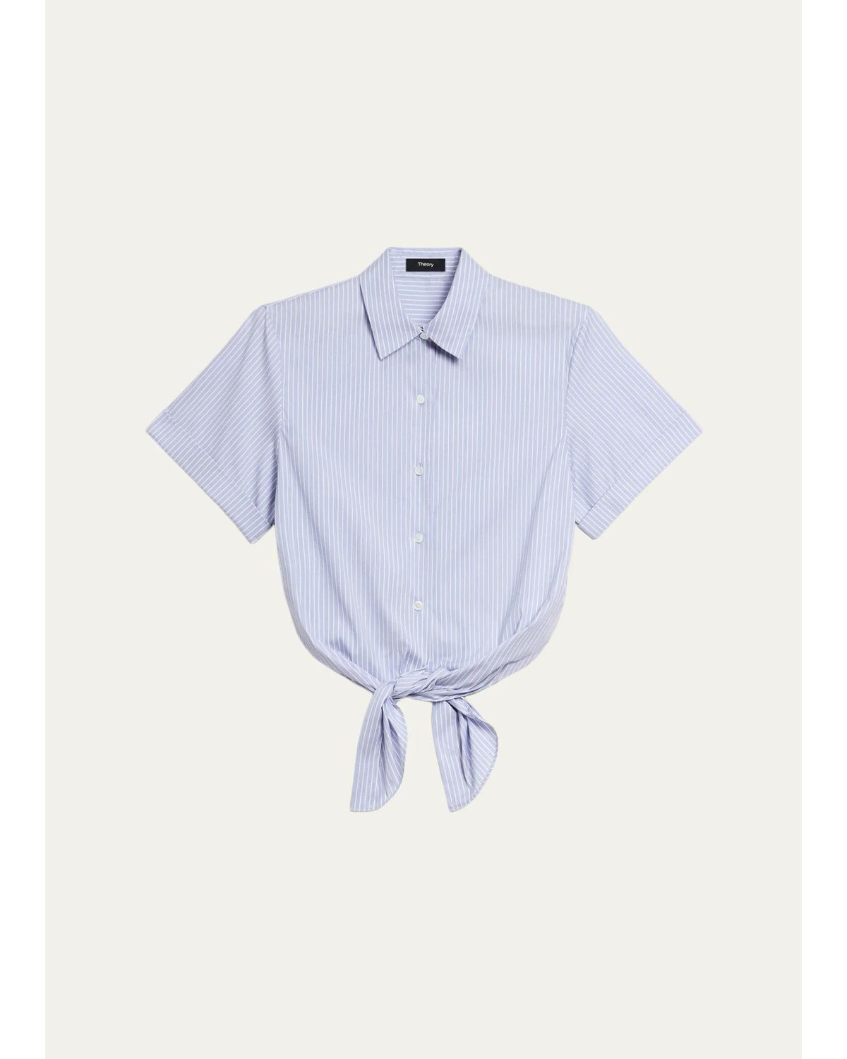 Theory Pinstripe Cotton-blend Tie Shirt In Blue Multi