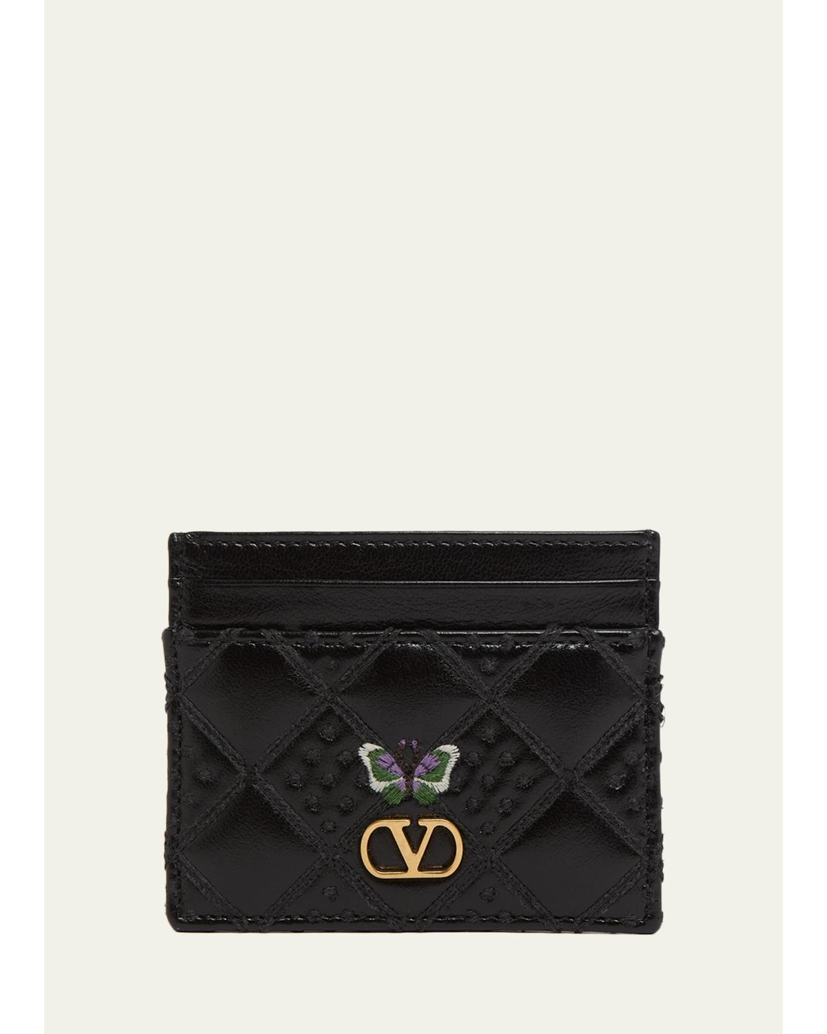 Butterfly-Embroidered Quilted Leather Card Holder