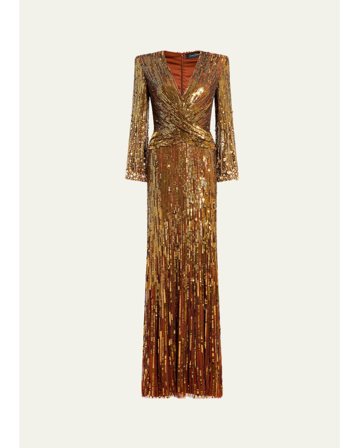 Cosmos Long-Sleeve V-Neck Sequin Gown