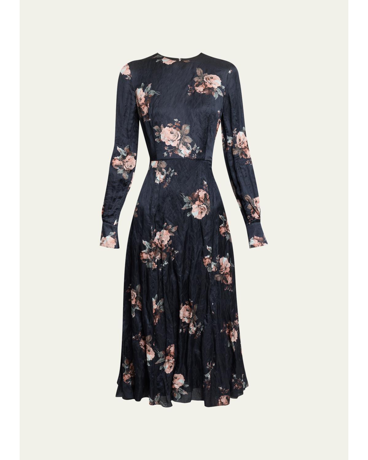 Erdem Floral Crushed Satin Crewneck Midi Dress In Margot Bouquet