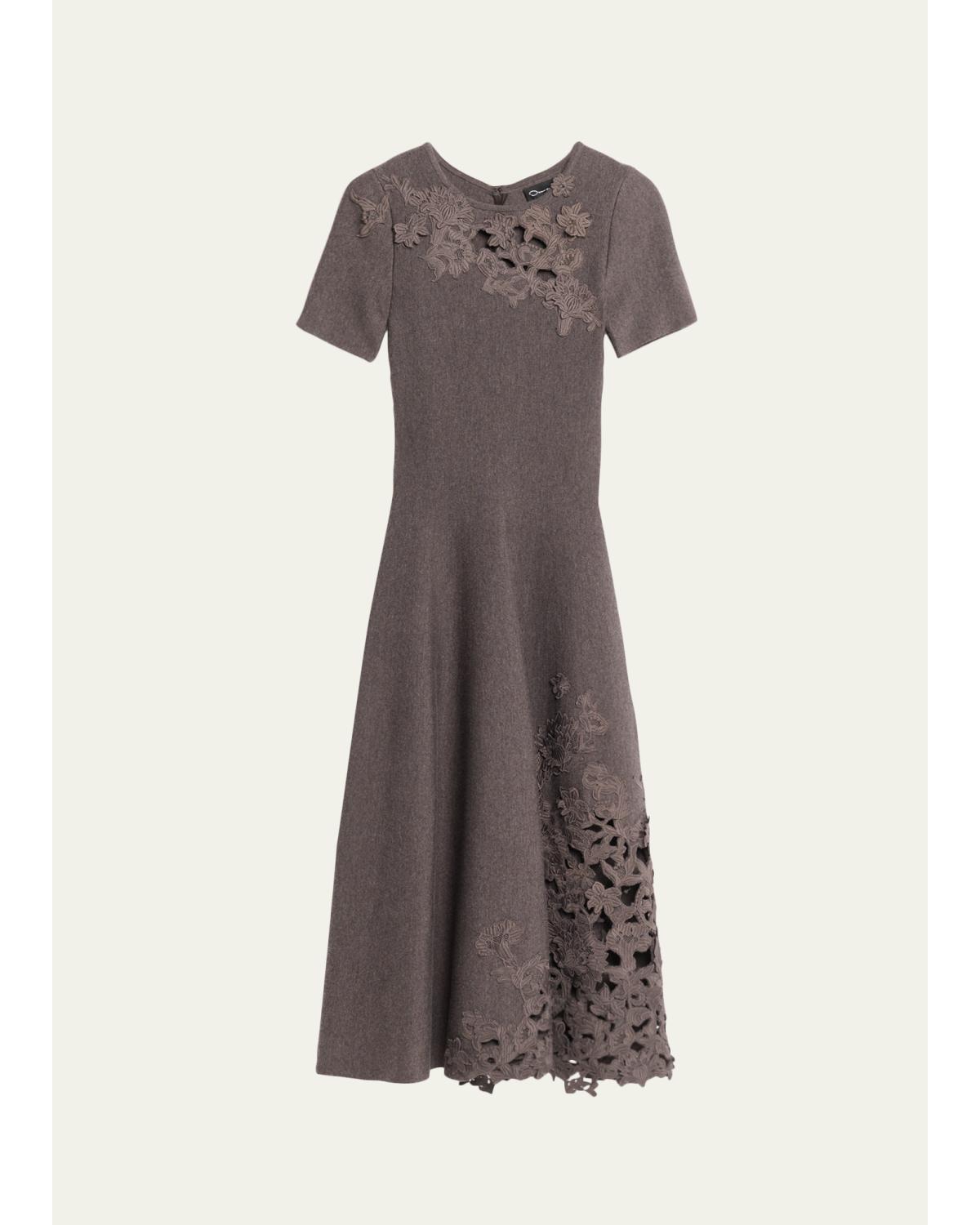 Short-Sleeve Lace-Inset Wool Knit Midi Dress