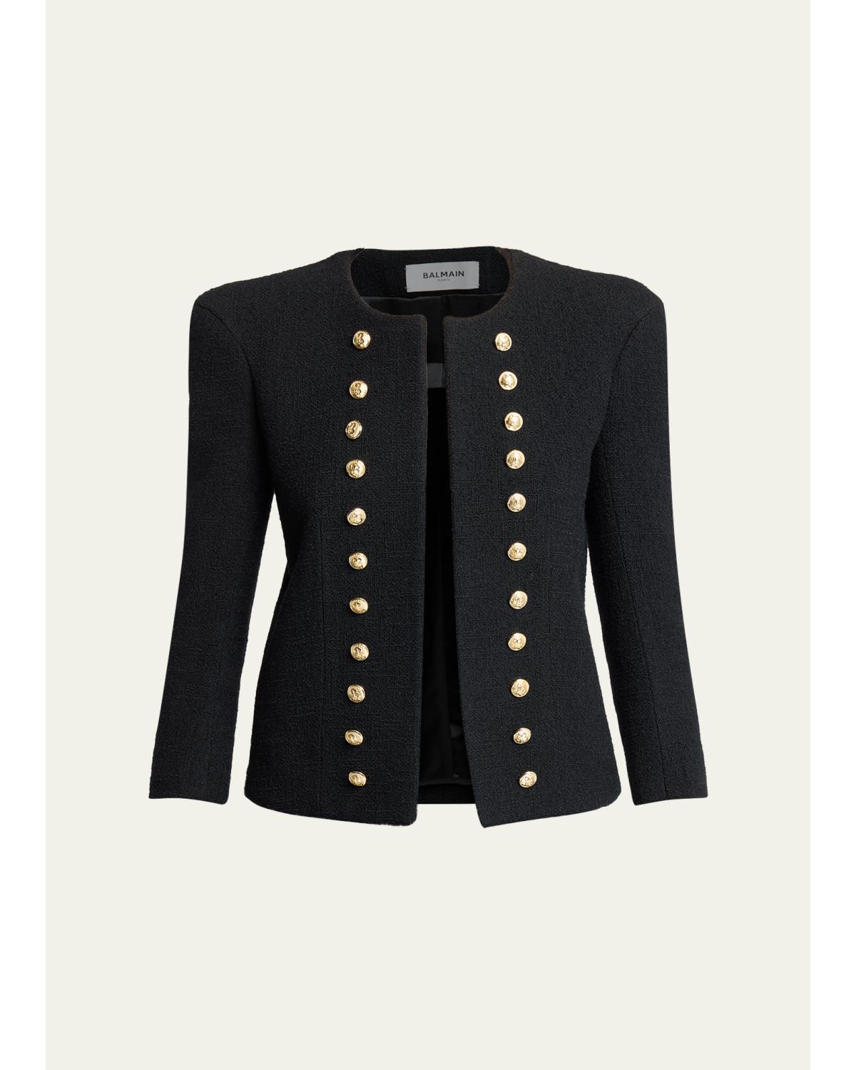 Collarless Tweed Fitted Jacket