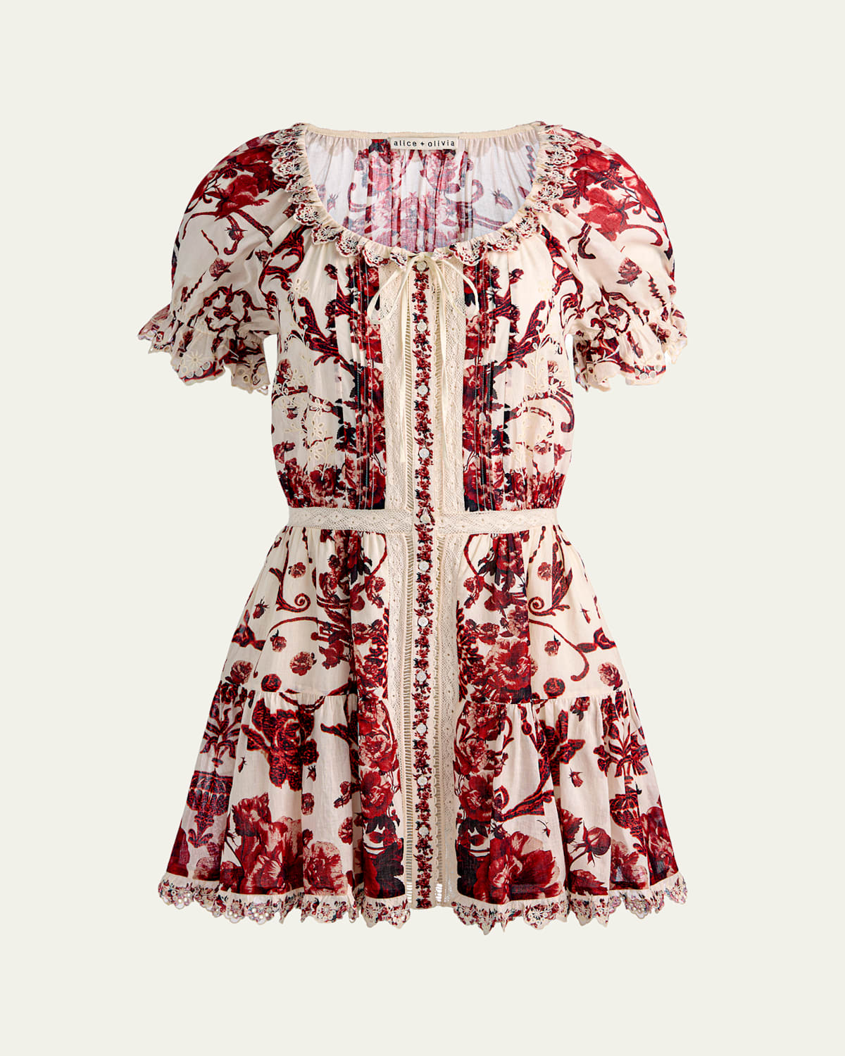 Alice And Olivia Mclaine Embroidered Puff-sleeve Mini Dress In Brown