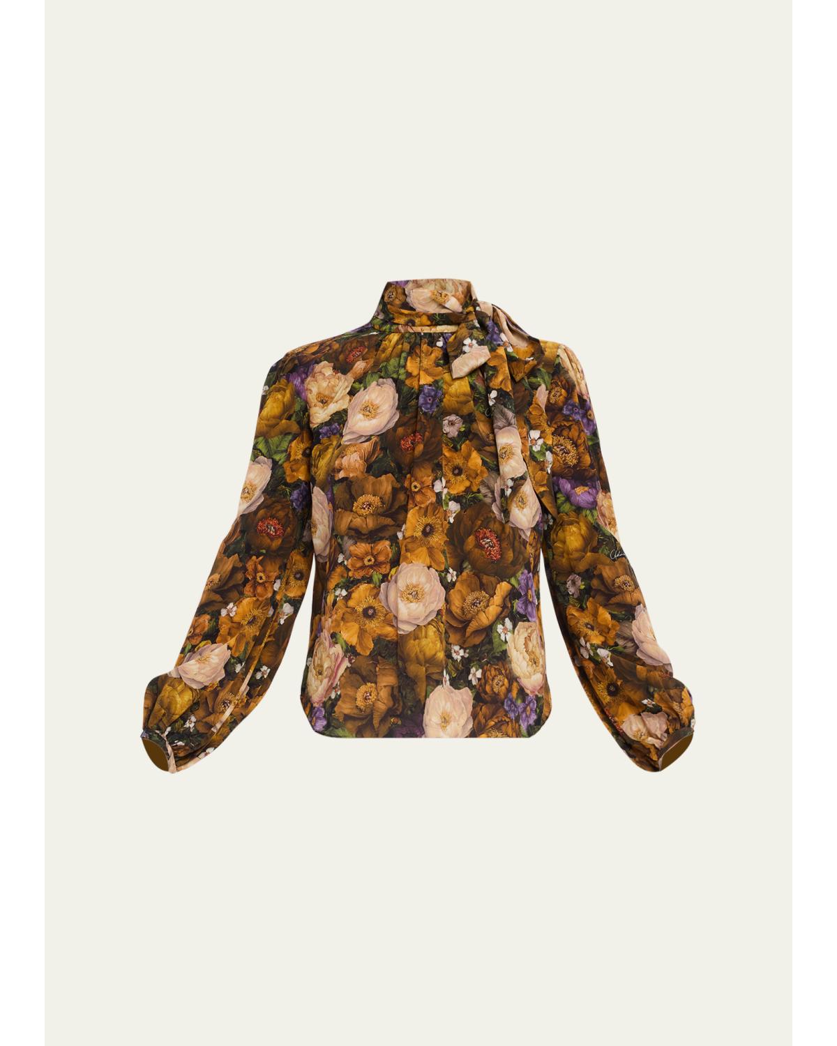 Joan Floral Silk Neck Scarf Long-Sleeve Top
