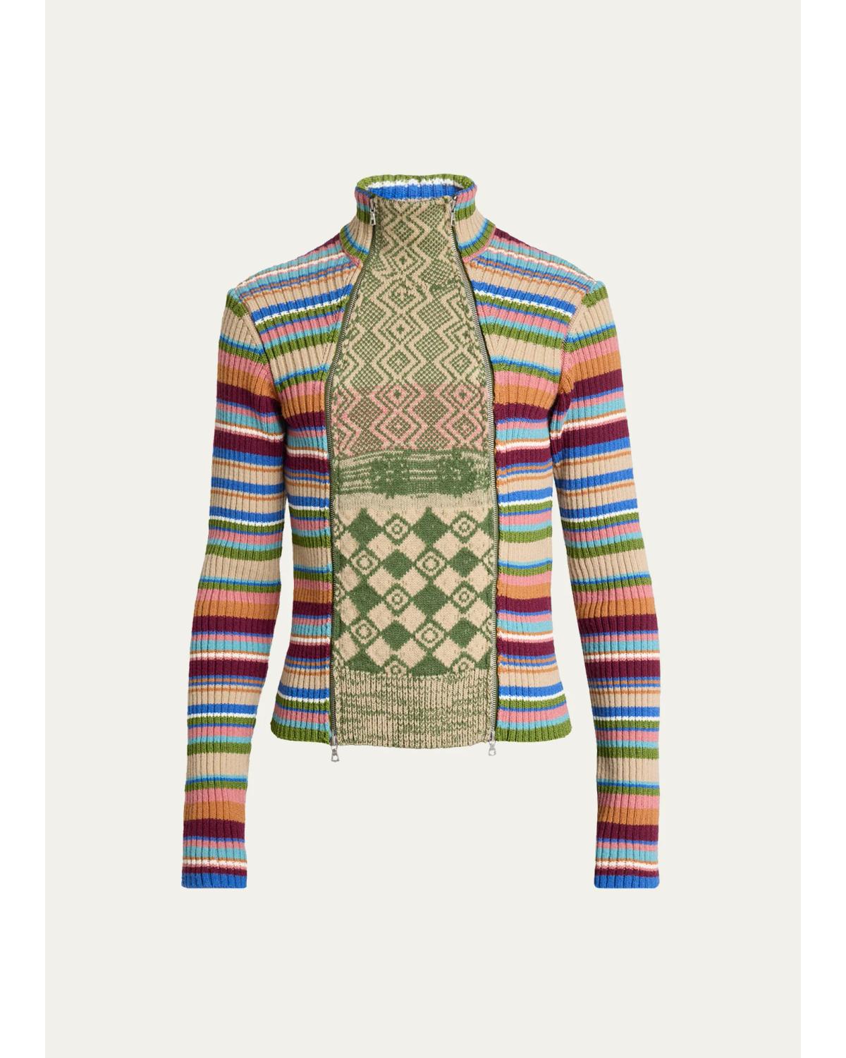 Striped Wool Rib-Knit Cardigan