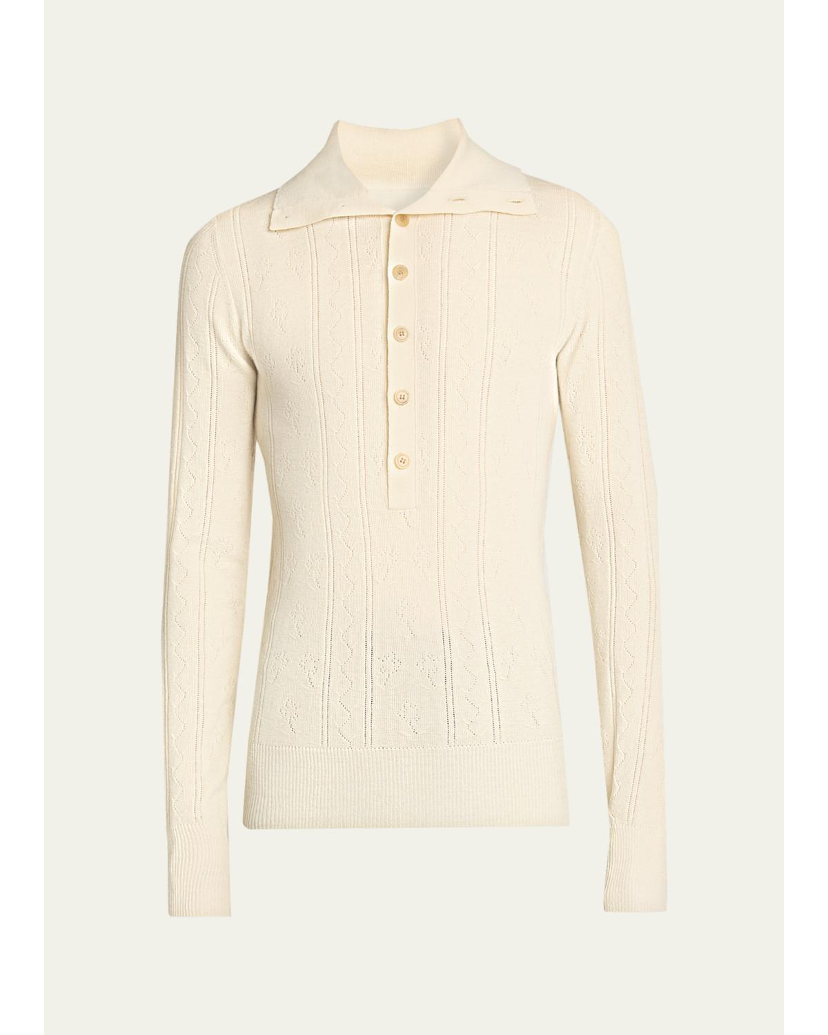 Men'S Fine Wool And Cotton Pointelle Polo Sweater