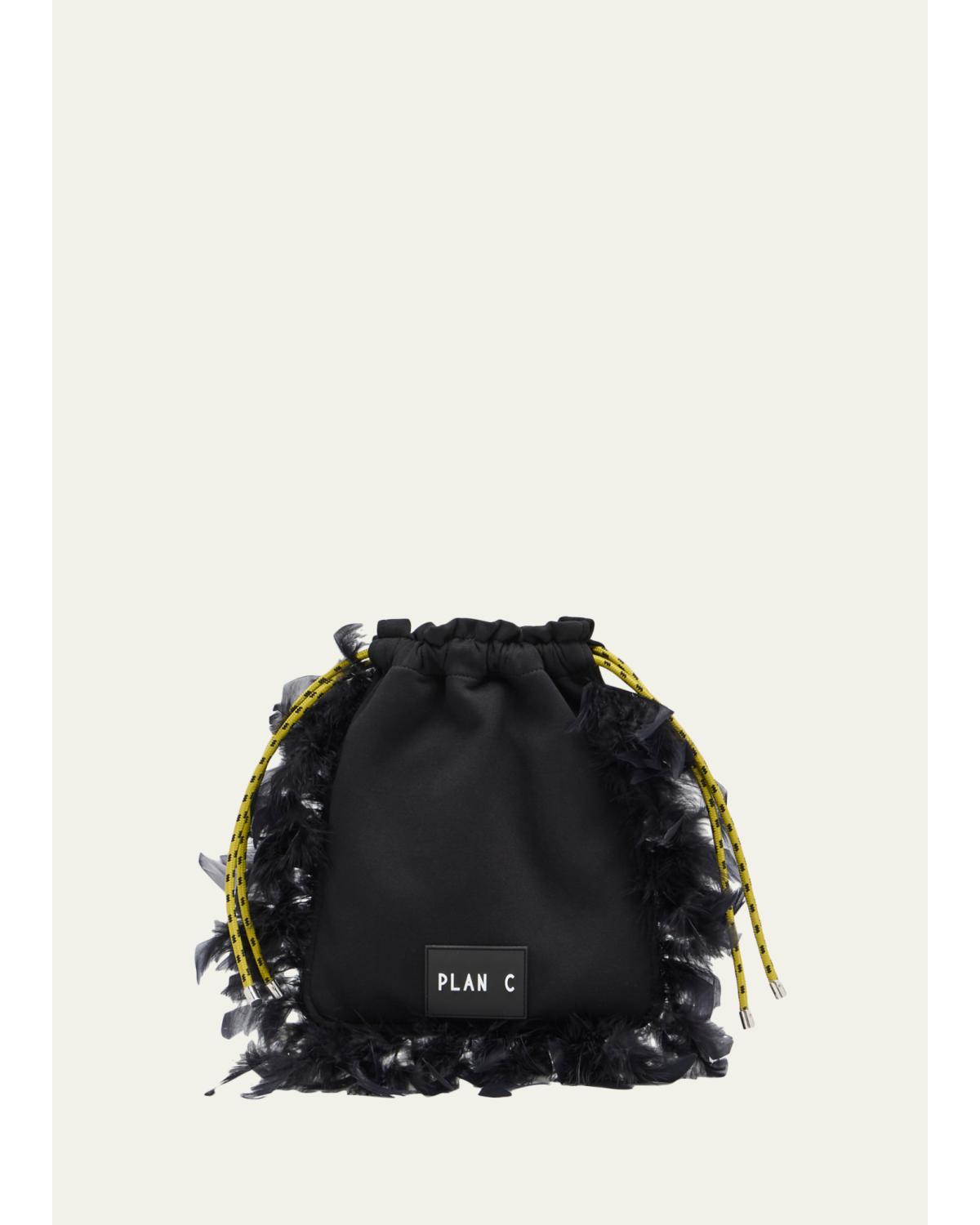 Plan C Fleece & Feather Drawstring Pouch Bag In Black