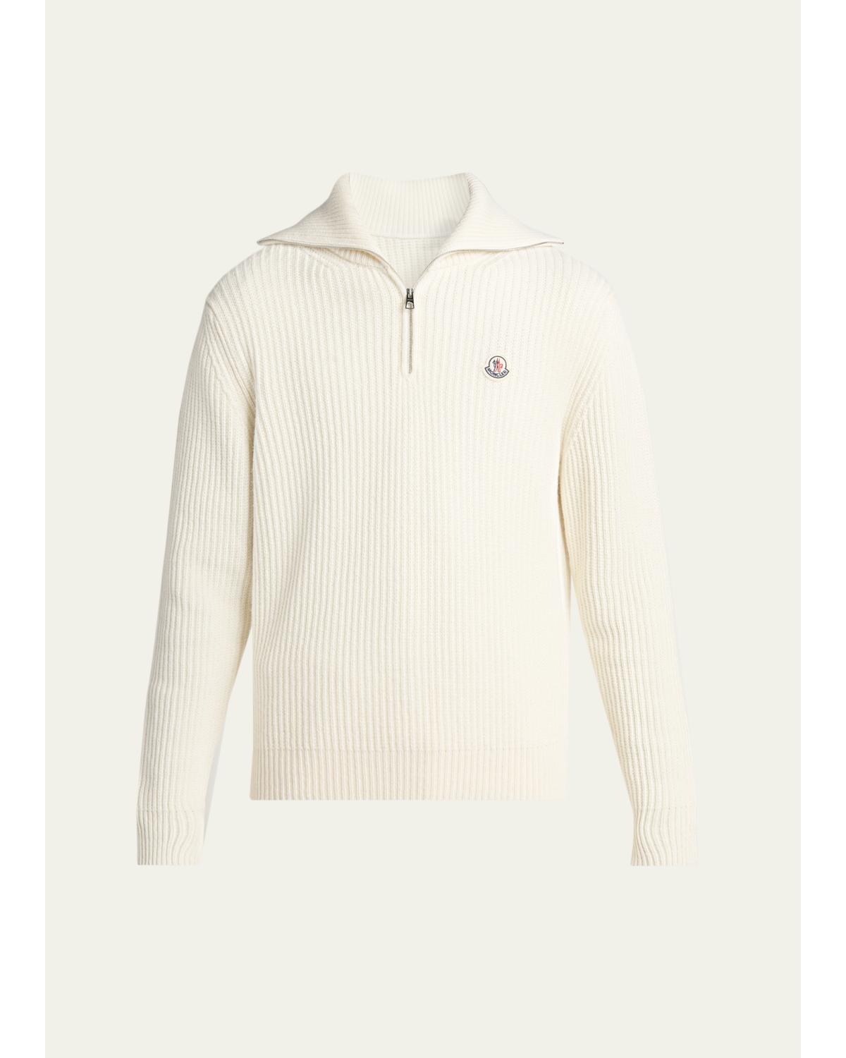Moncler Men's Wool Ribbed Half-zip Sweater In White
