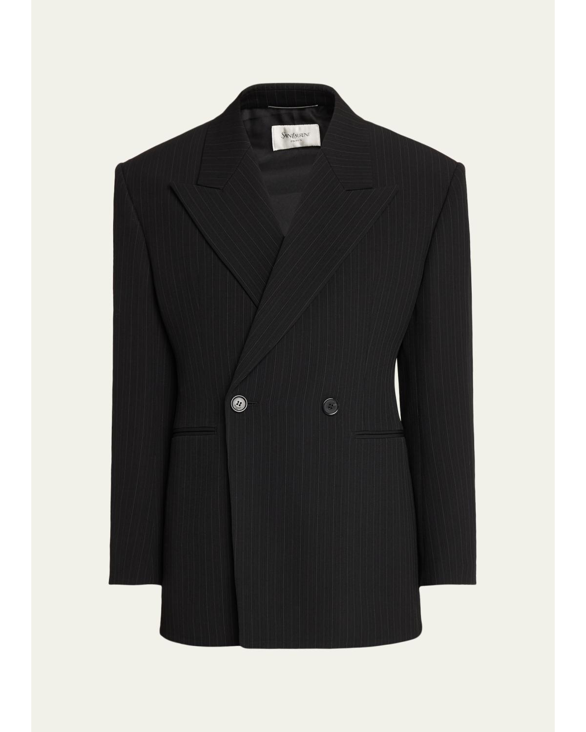 Men'S Chalk Stripe Wool Double-Breasted Sport Coat