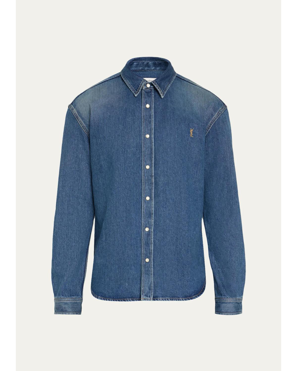 Men'S Ysl-Embroidered Button-Front Shirt