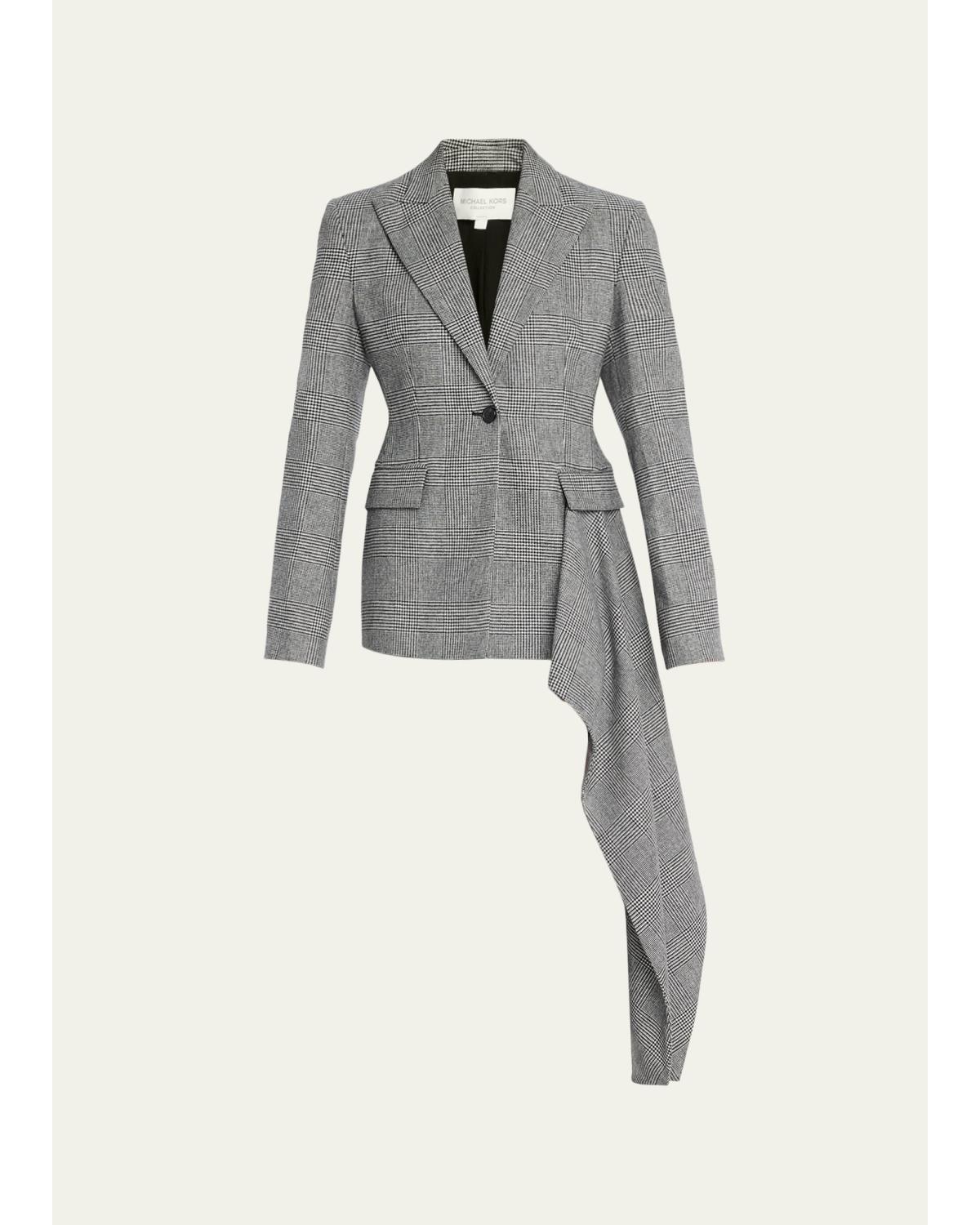 Glen Plaid Asymmetric Drape Single-Breasted Jacket