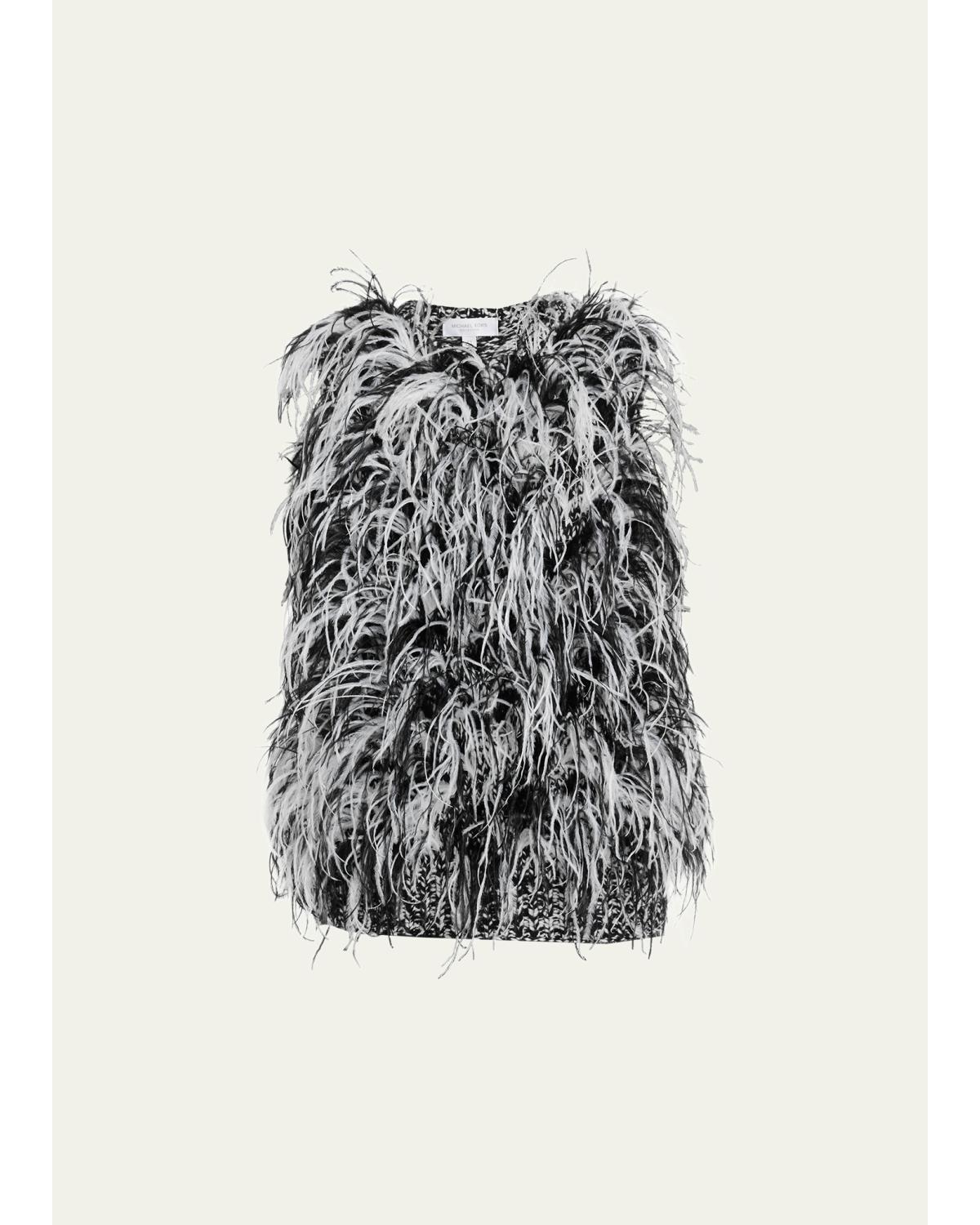 Sleeveless Feather-Trim Wool Tweed Sweater