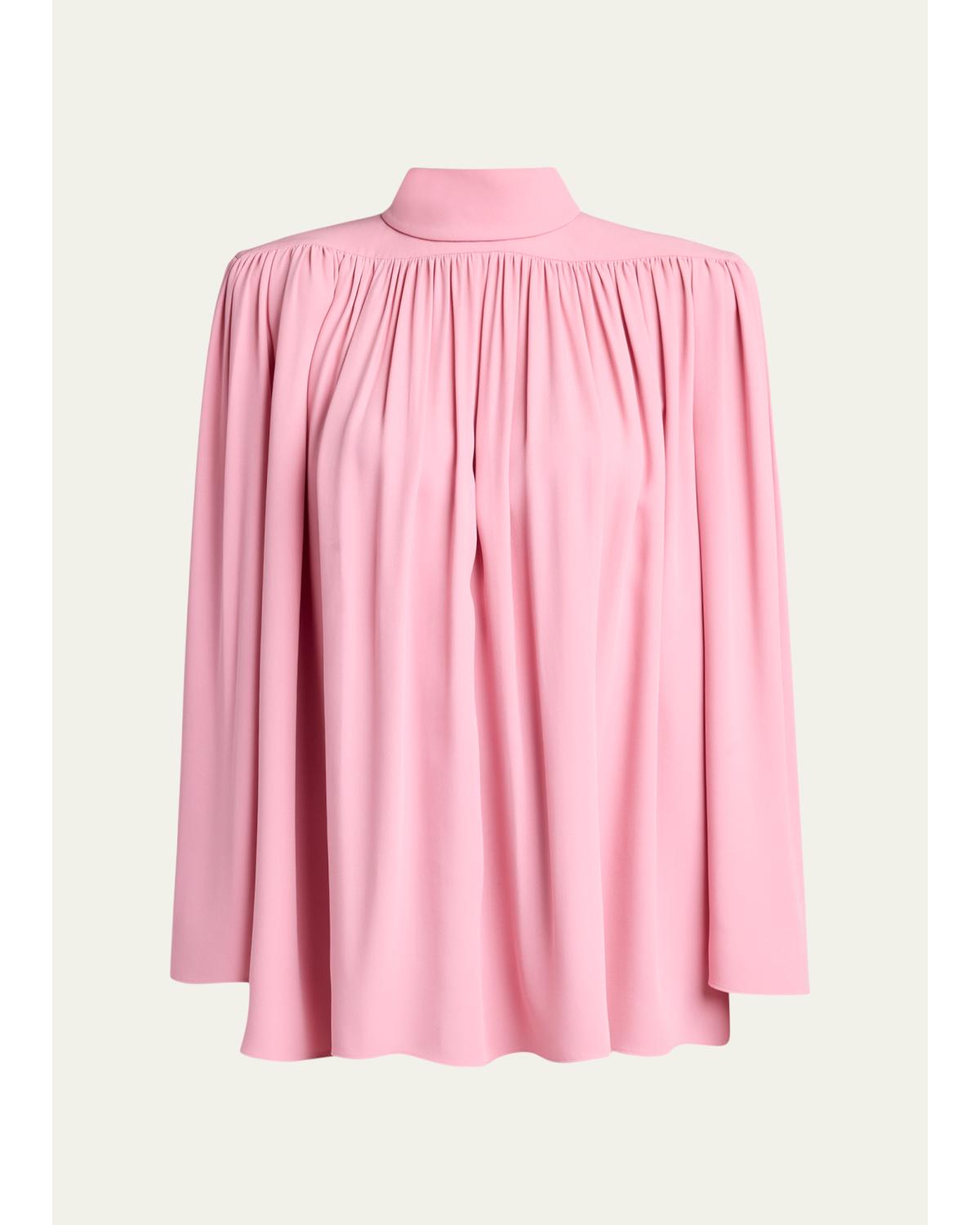 Turtleneck Gathered Silk Long-Sleeve Top