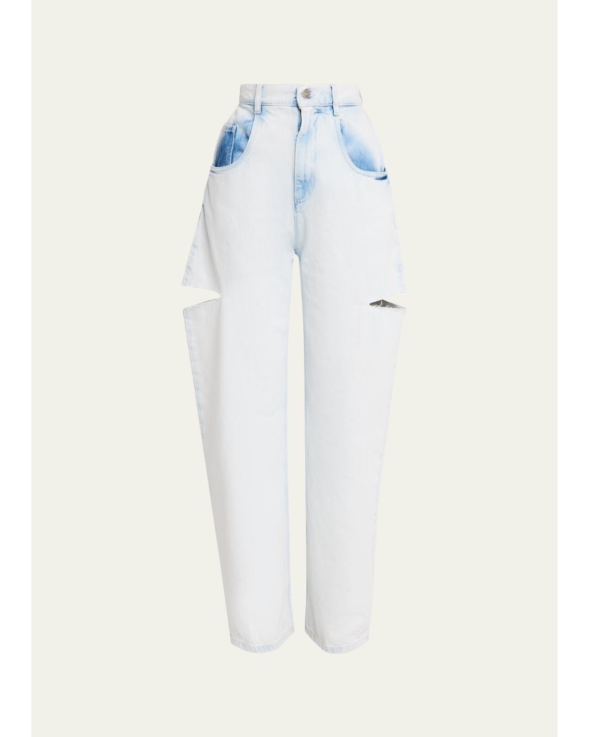 Cutout Bleached Barrel-Leg Jeans
