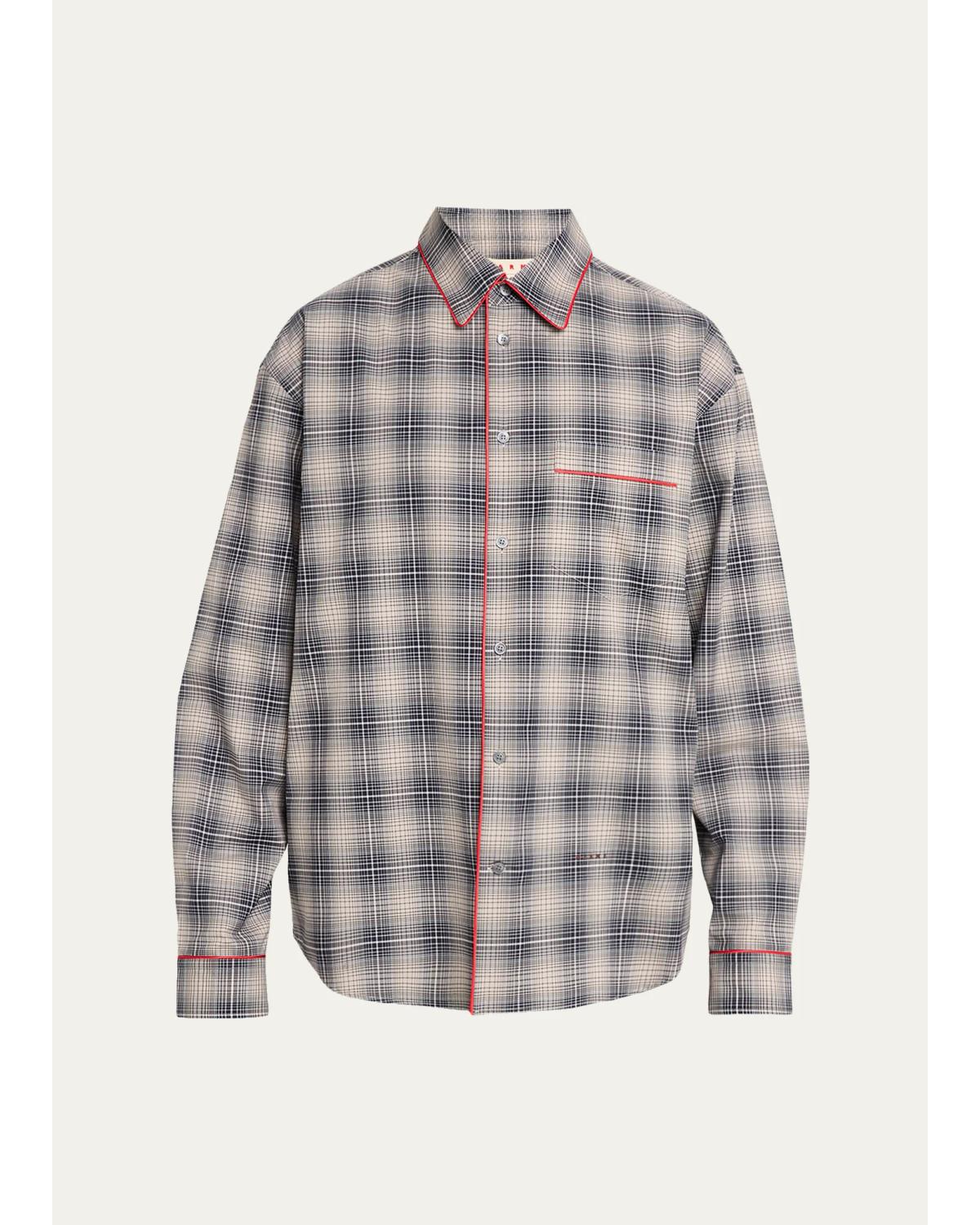 Men'S Piped Cotton Plaid Button-Front Shirt