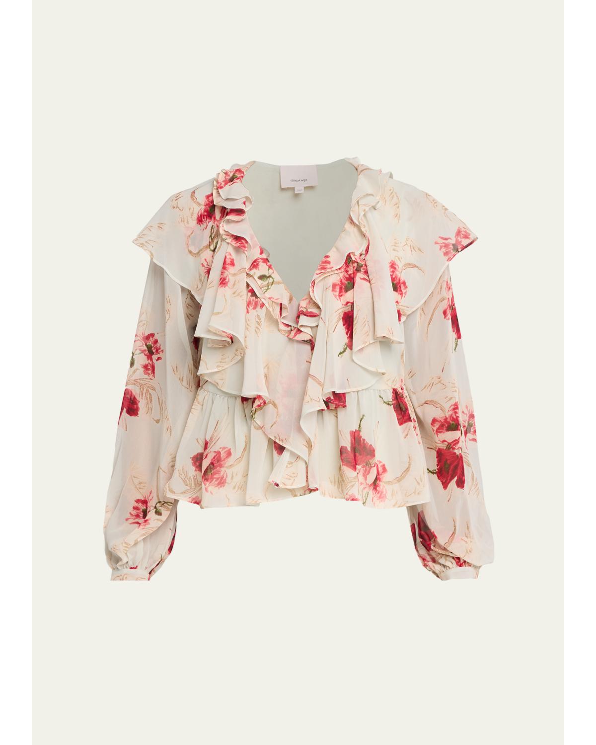 Wilted Poppy Ruffle Chiffon Blouse