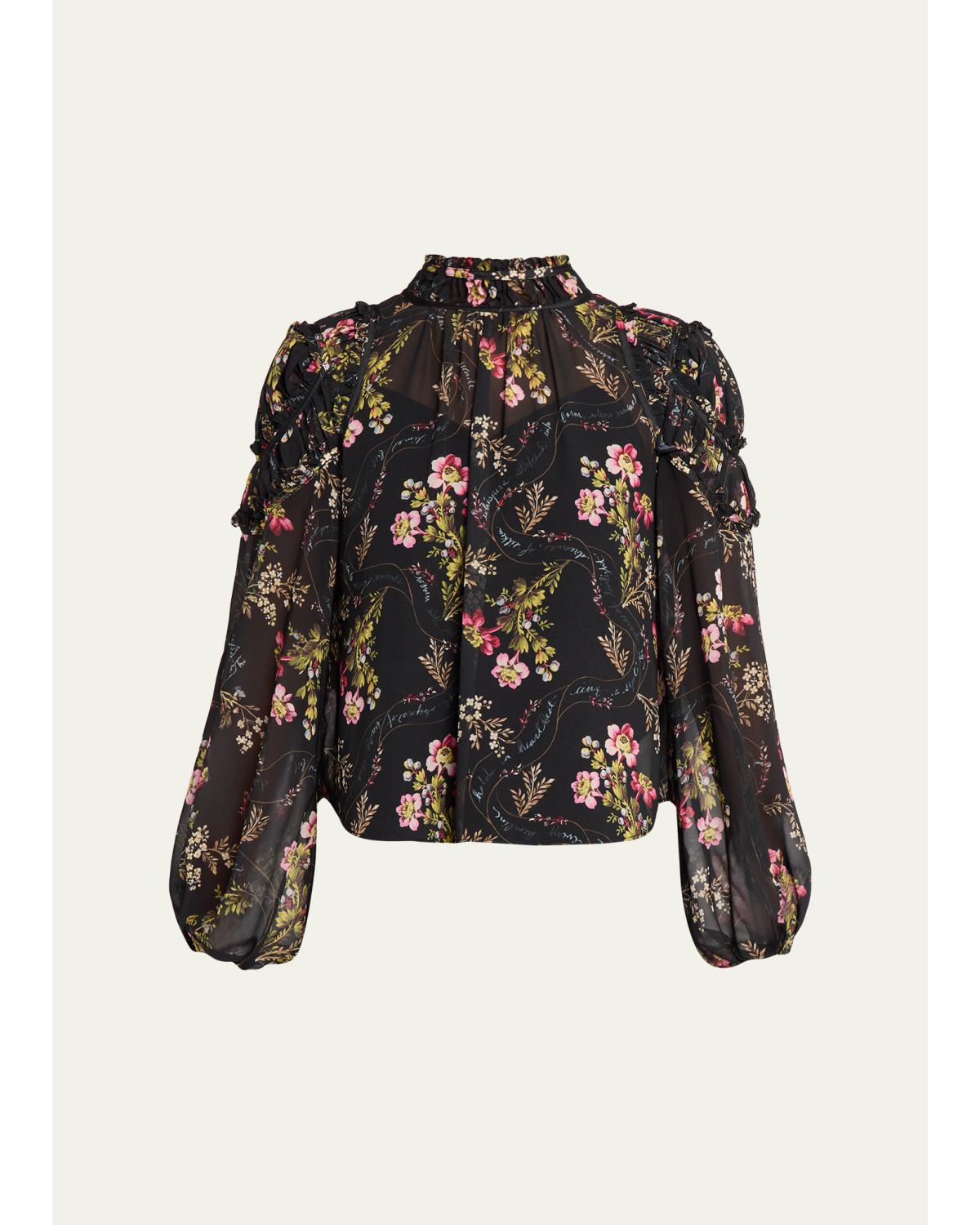 Cinq À Sept Long-sleeve Love Letter Floral Blouse In Black Multi