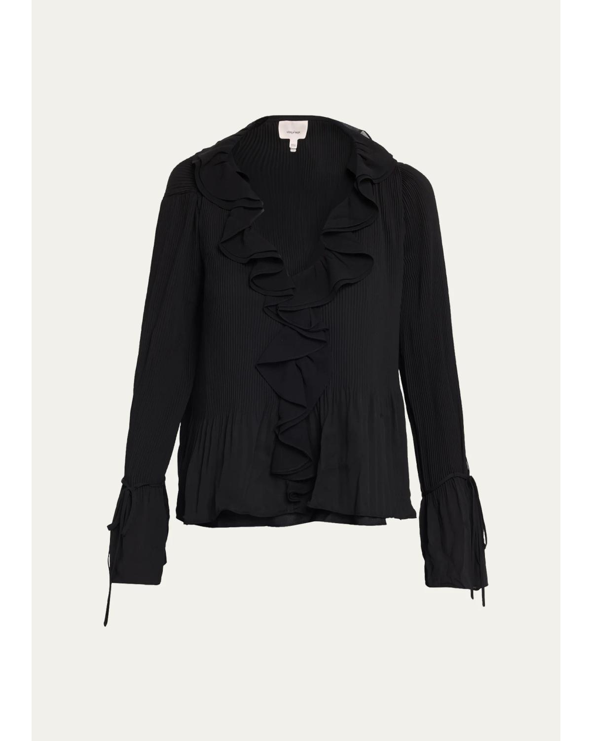 Nixed Pleated Ruffle-Trim Peplum Top