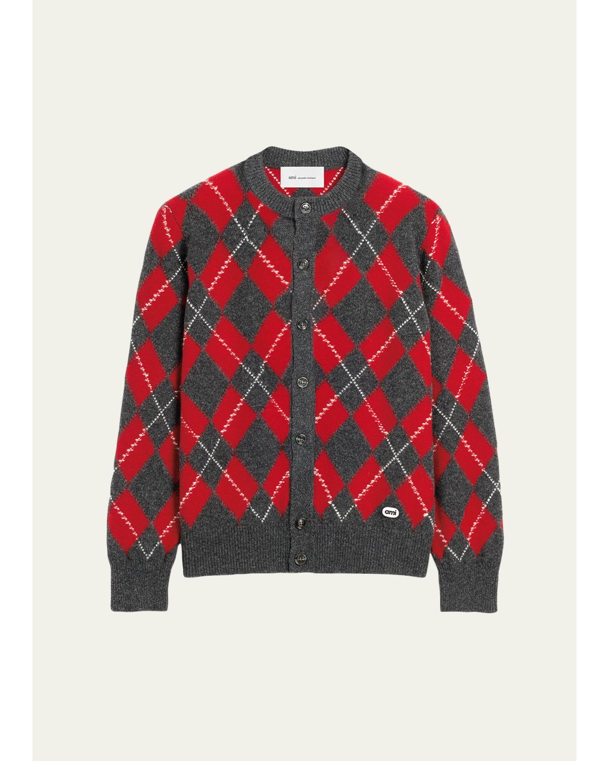 Men'S Argyle Wool Crewneck Cardigan