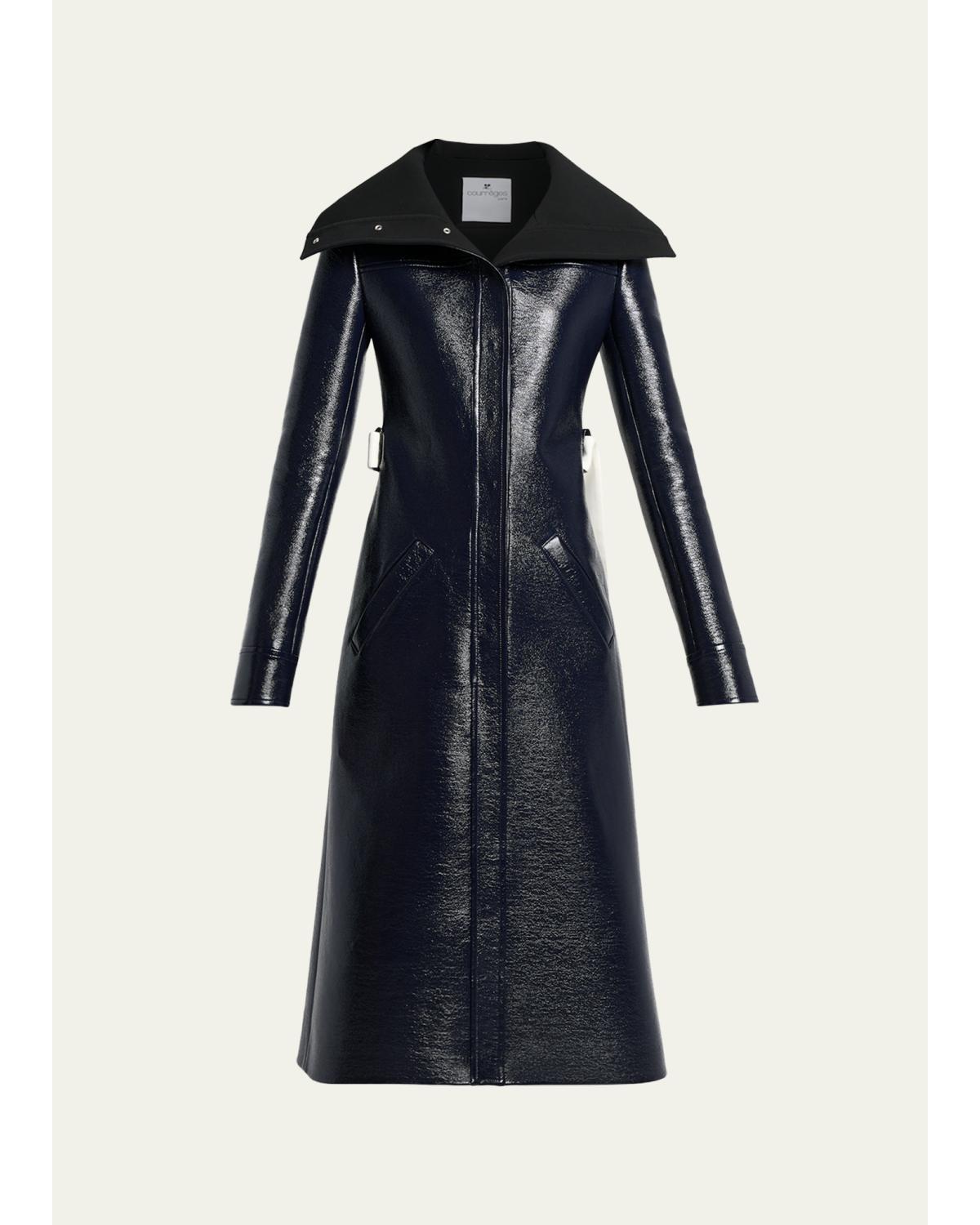 High-Collar Shiny Vinyl Long Trench Coat