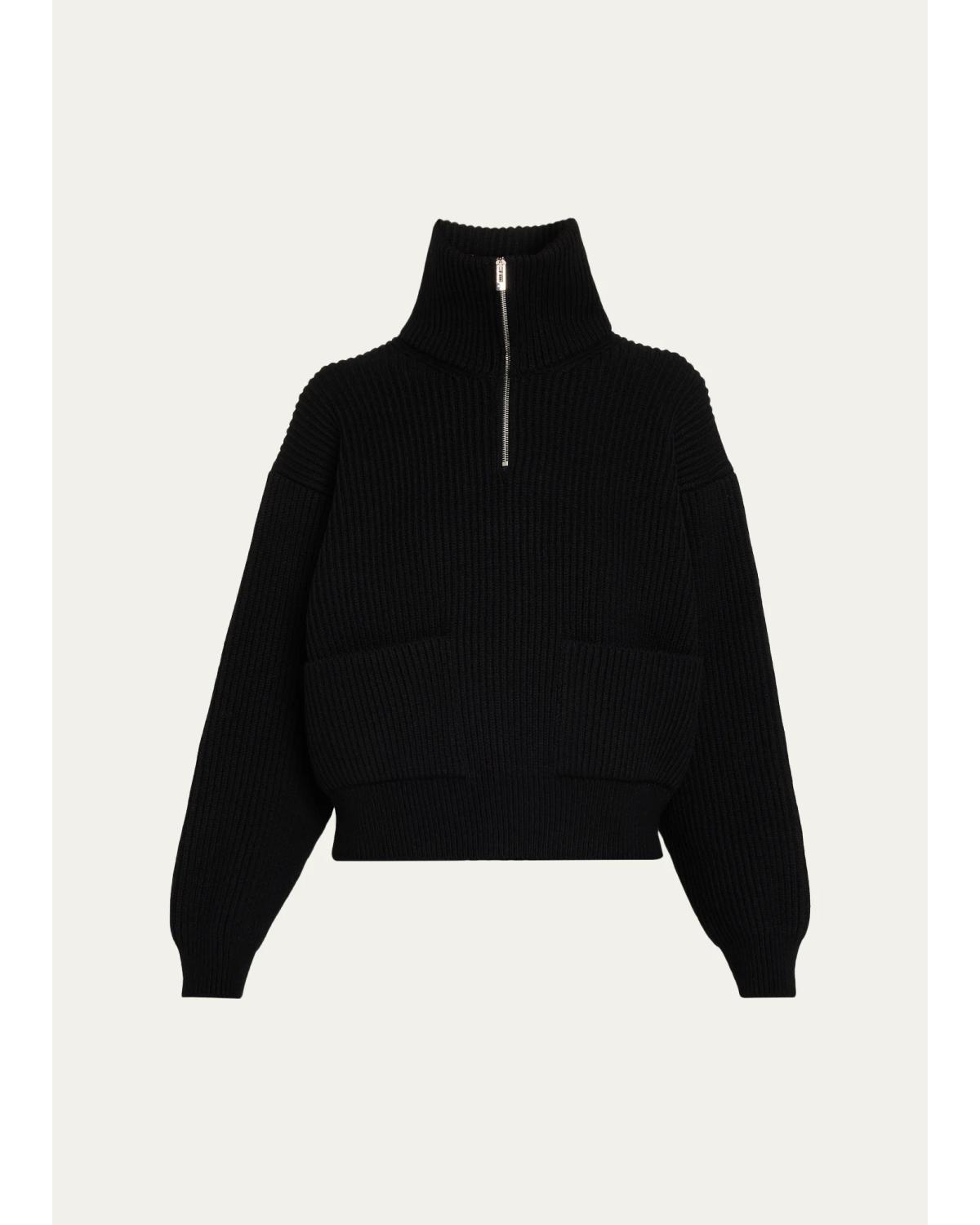 Wool-Cashmere Rib Half-Zip Trucker Sweater