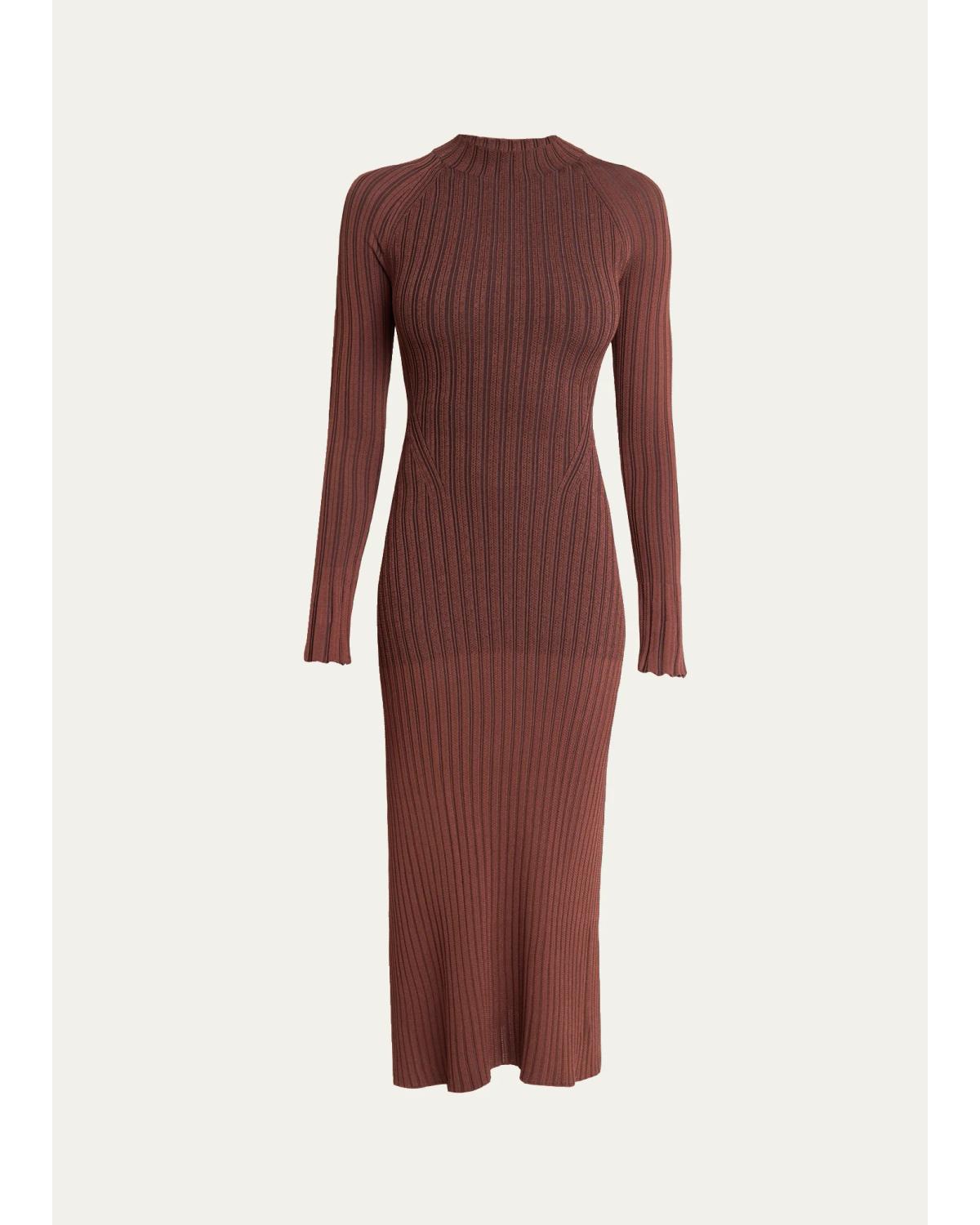 Roux Long-Sleeve Silk-Blend Rib Midi Dress