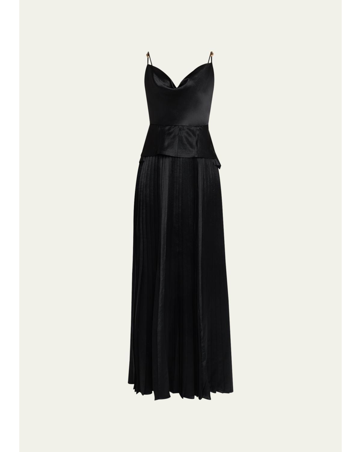 Cowl-Neck Pleated Satin Peplum Gown