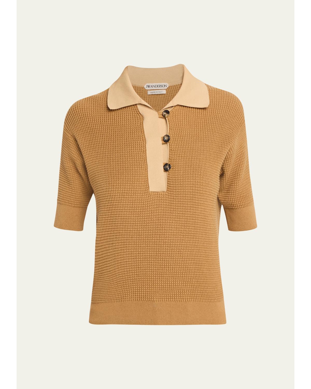Short-Sleeve Textured Knit Polo Sweater