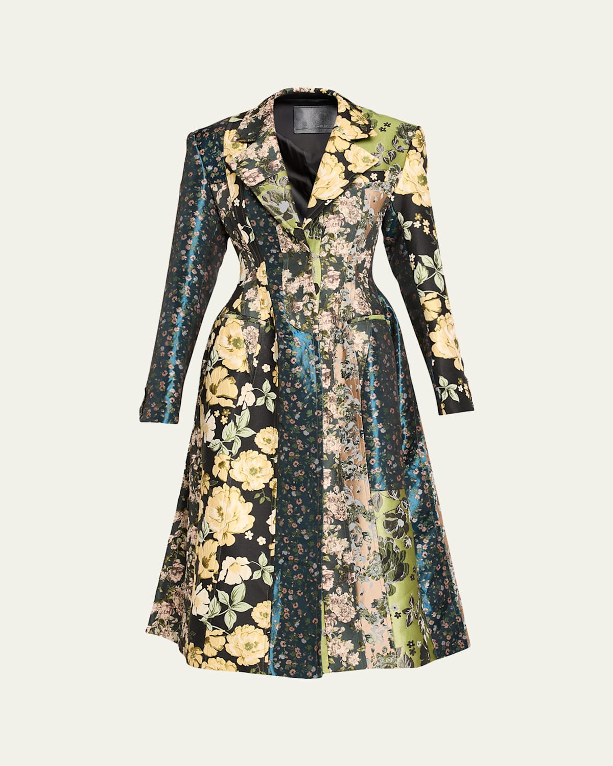 Jason Wu Patchwork Floral Jacquard A-line Long Jacket In Black/yellow